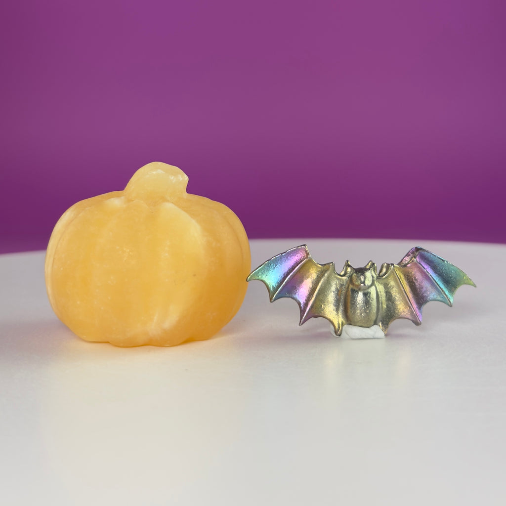 Orange Calcite Pumpkin & Aura Bismuth Bat Halloween Crystal Decor Set