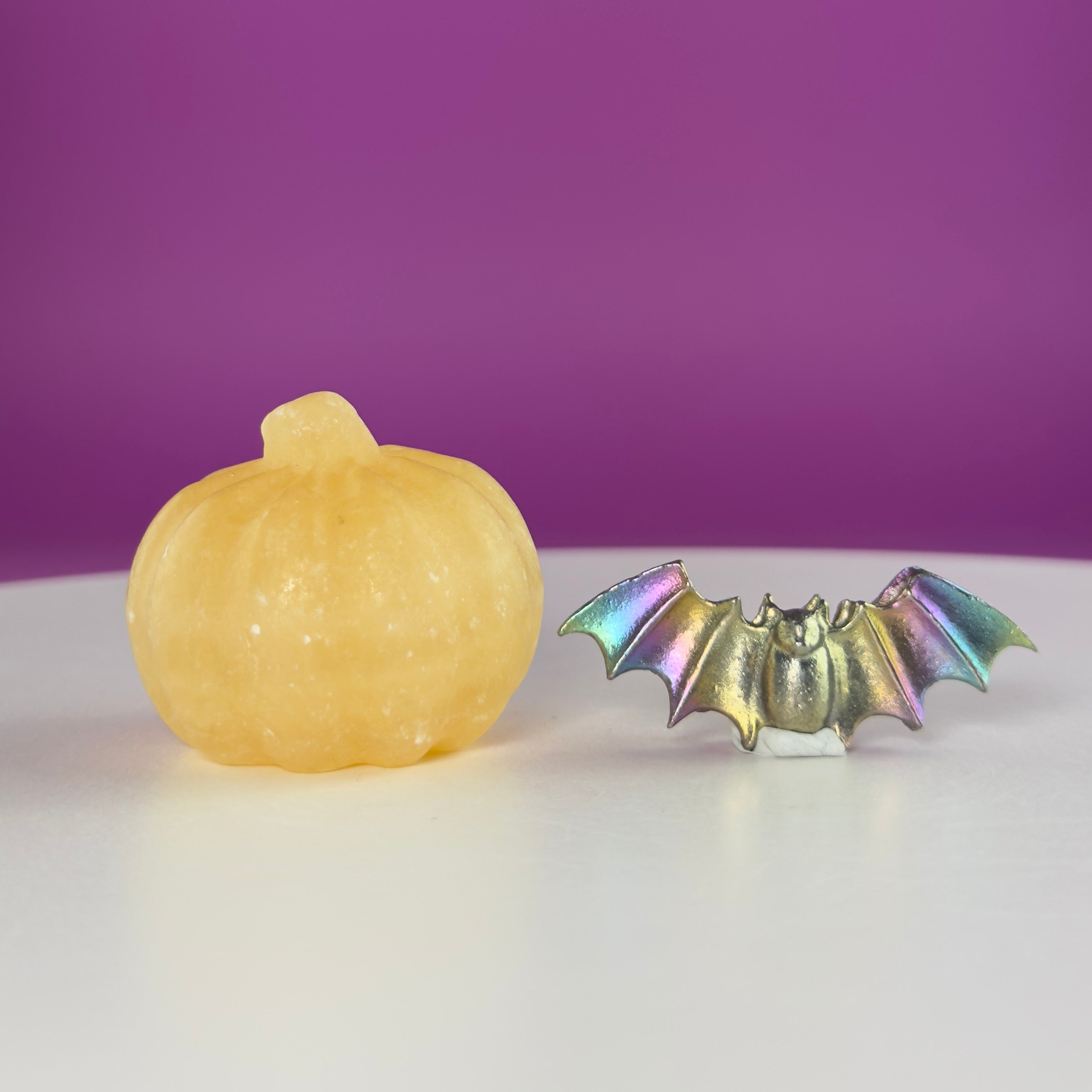 Orange Calcite Pumpkin & Aura Bismuth Bat Halloween Crystal Decor Set