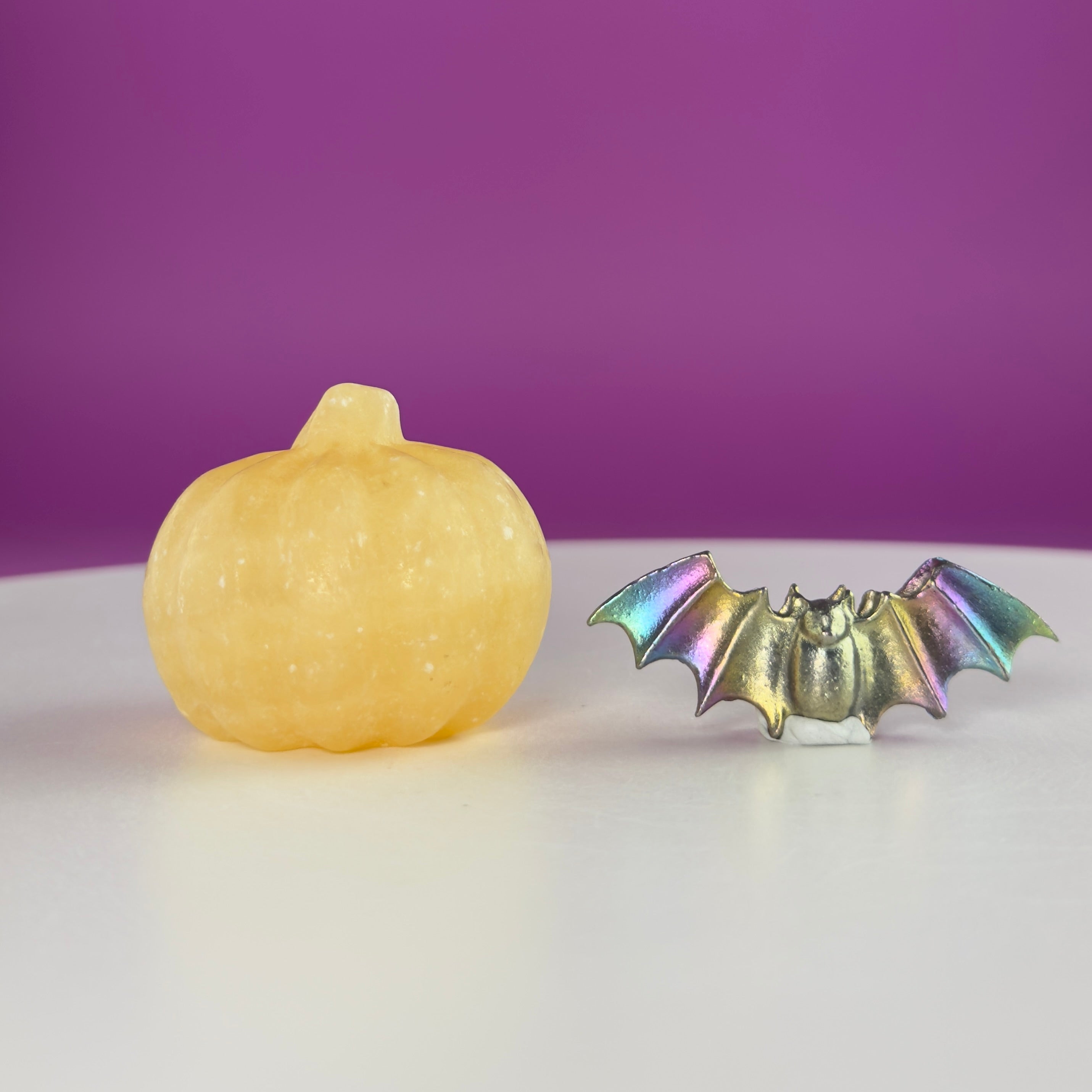 Orange Calcite Pumpkin & Aura Bismuth Bat Halloween Crystal Decor Set