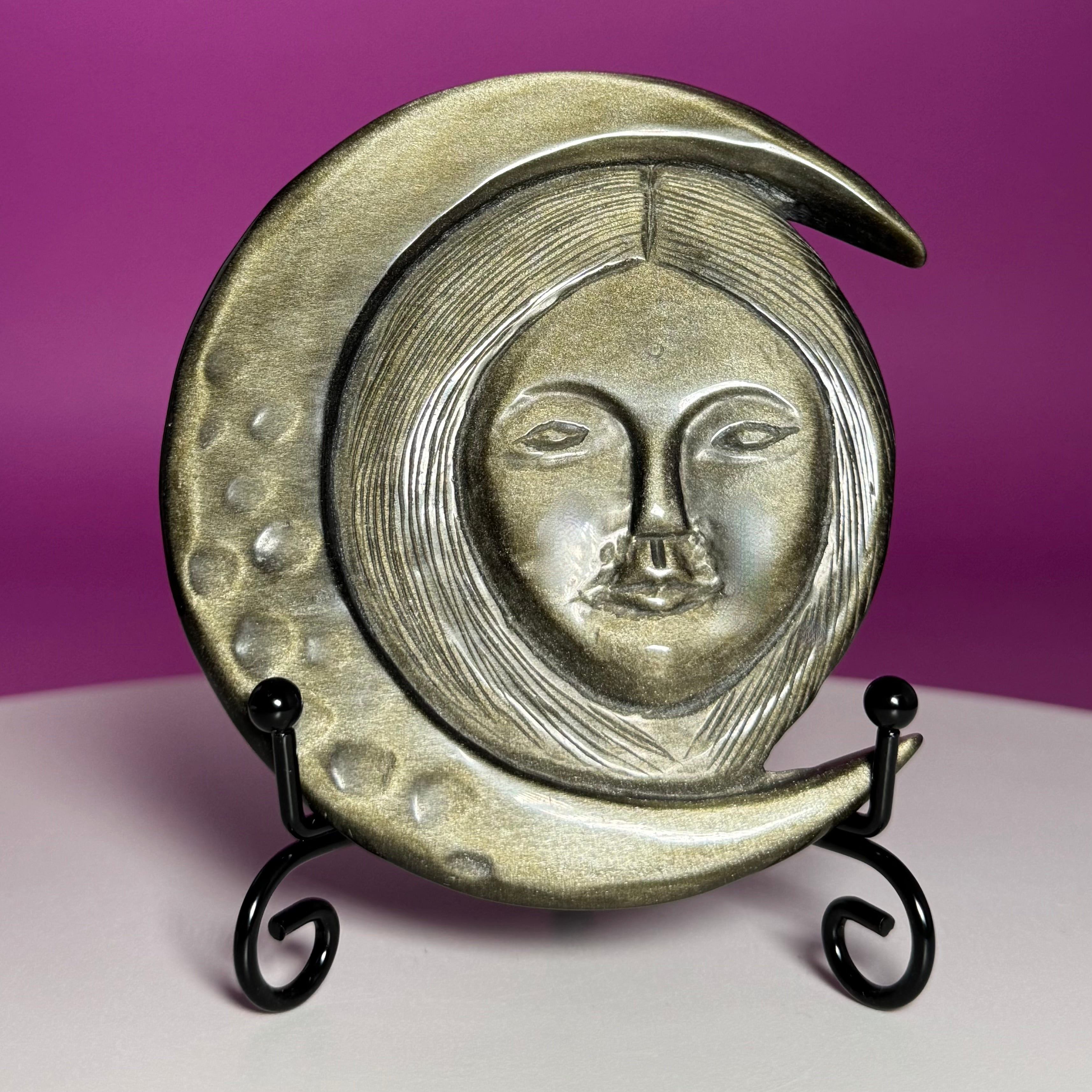 Gold Sheen Obsidian Hecate Moon Goddess Carving with Stand