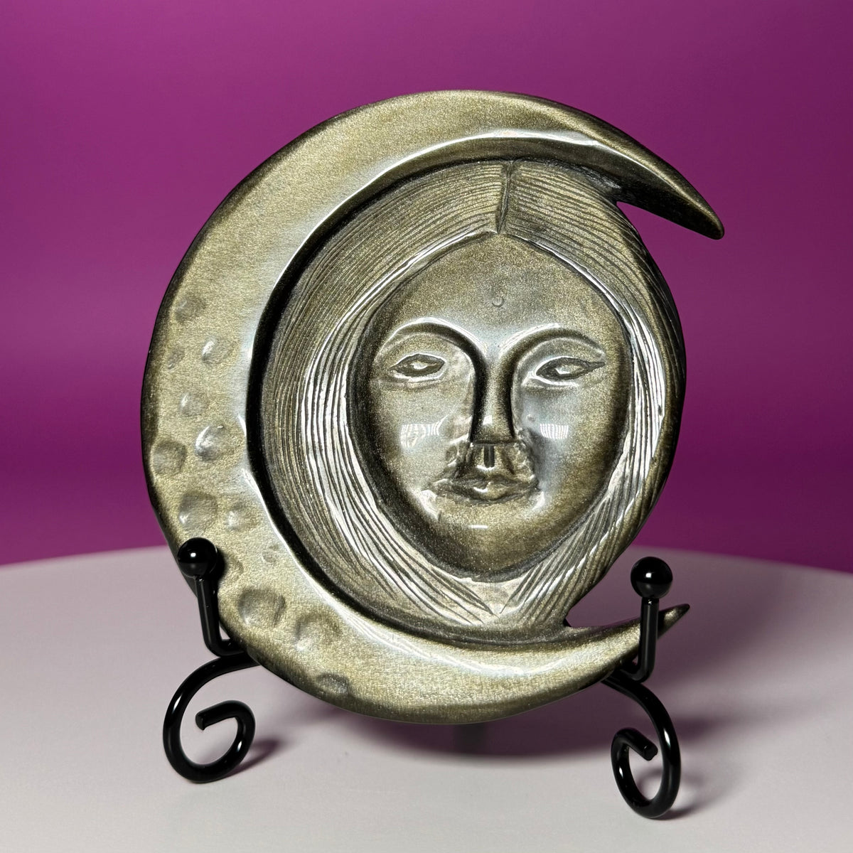 Gold Sheen Obsidian Hecate Moon Goddess Carving with Stand