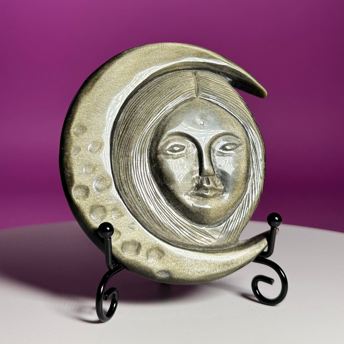 Gold Sheen Obsidian Hecate Moon Goddess Carving with Stand