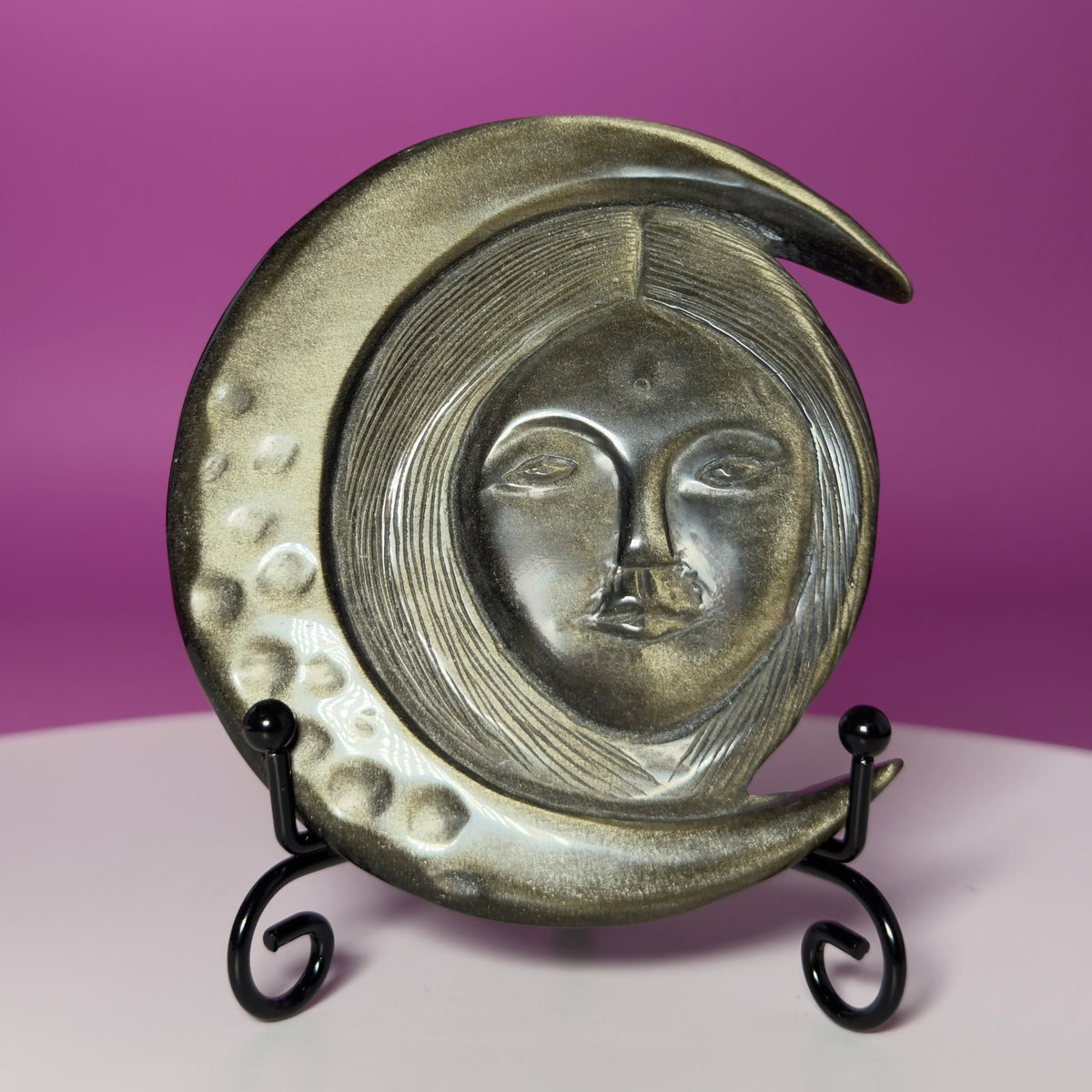 Gold Sheen Obsidian Hecate Moon Goddess Carving with Stand
