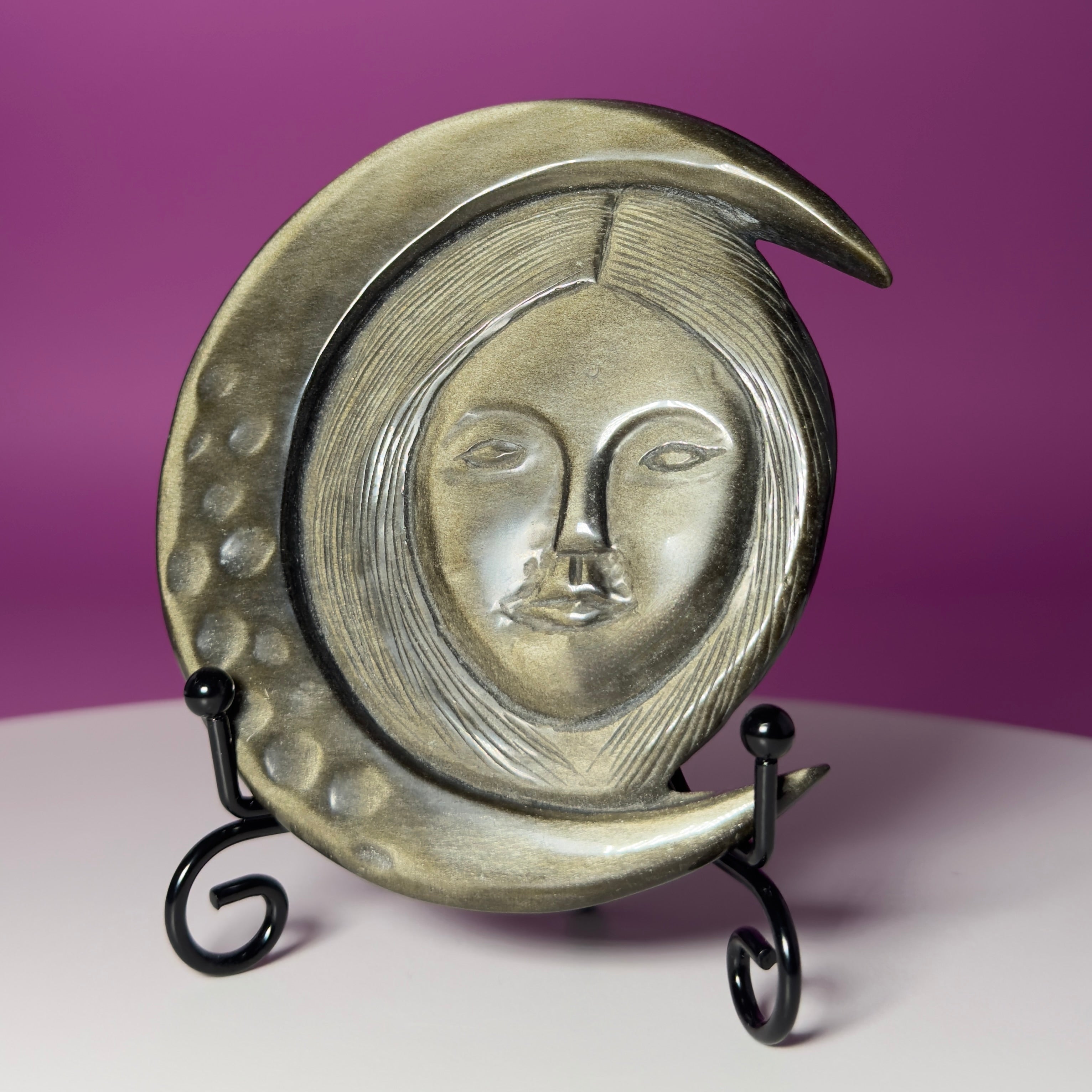 Gold Sheen Obsidian Hecate Moon Goddess Carving with Stand