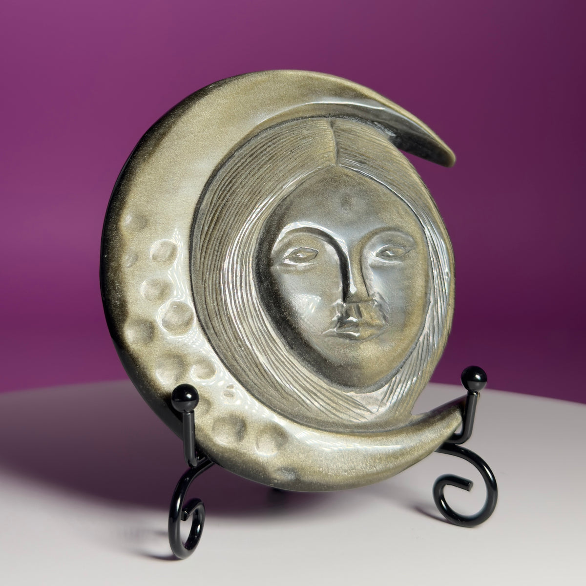 Gold Sheen Obsidian Hecate Moon Goddess Carving with Stand