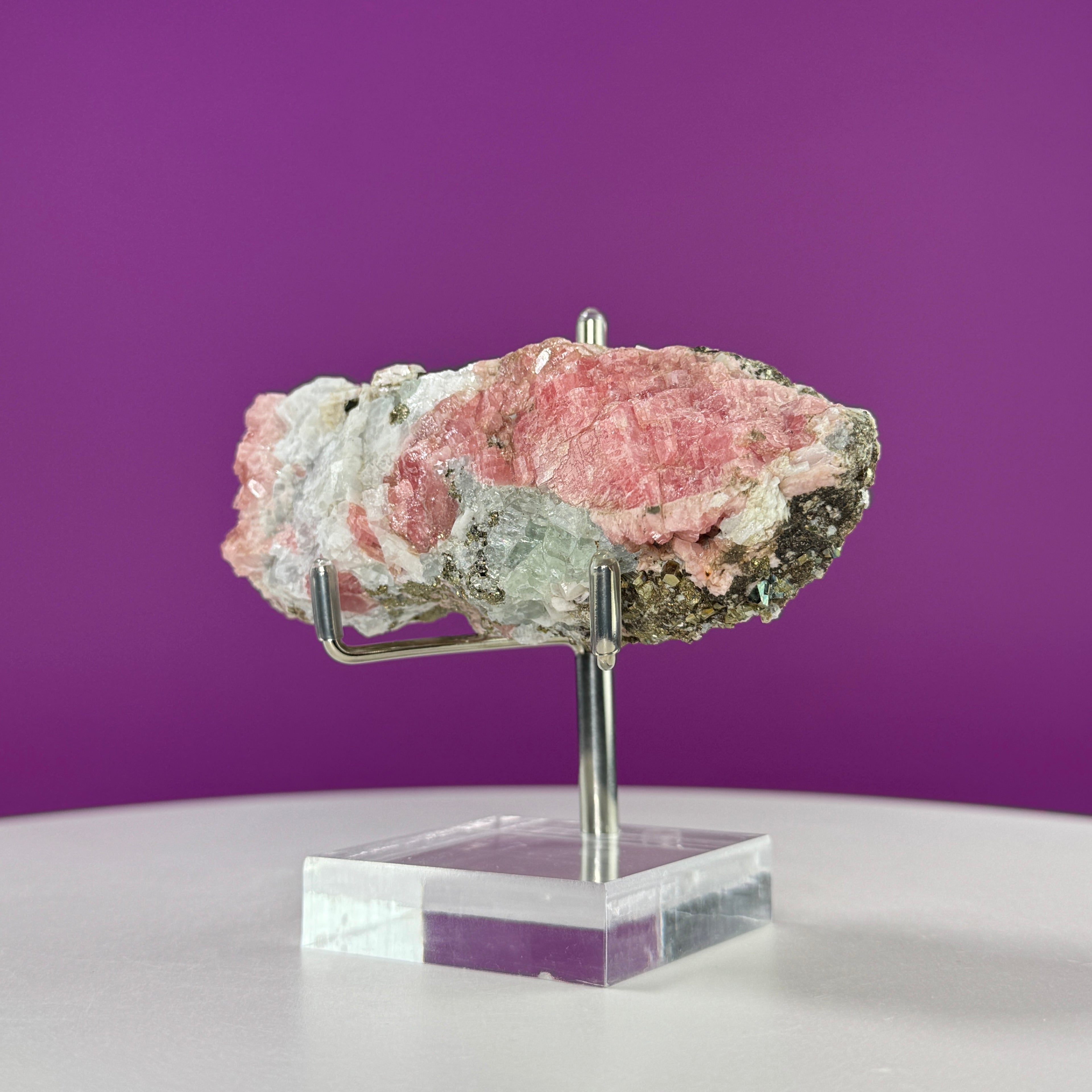 Rhodochrosite Specimen with Pyrite (Wutong Mine, Guangxi, China) (Includes Metal/Acrylic Stand)