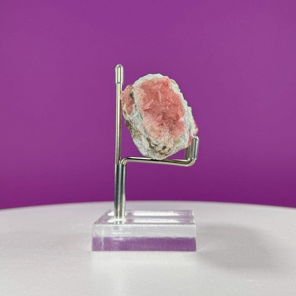 Rhodochrosite Specimen with Pyrite (Wutong Mine, Guangxi, China) (Includes Metal/Acrylic Stand)