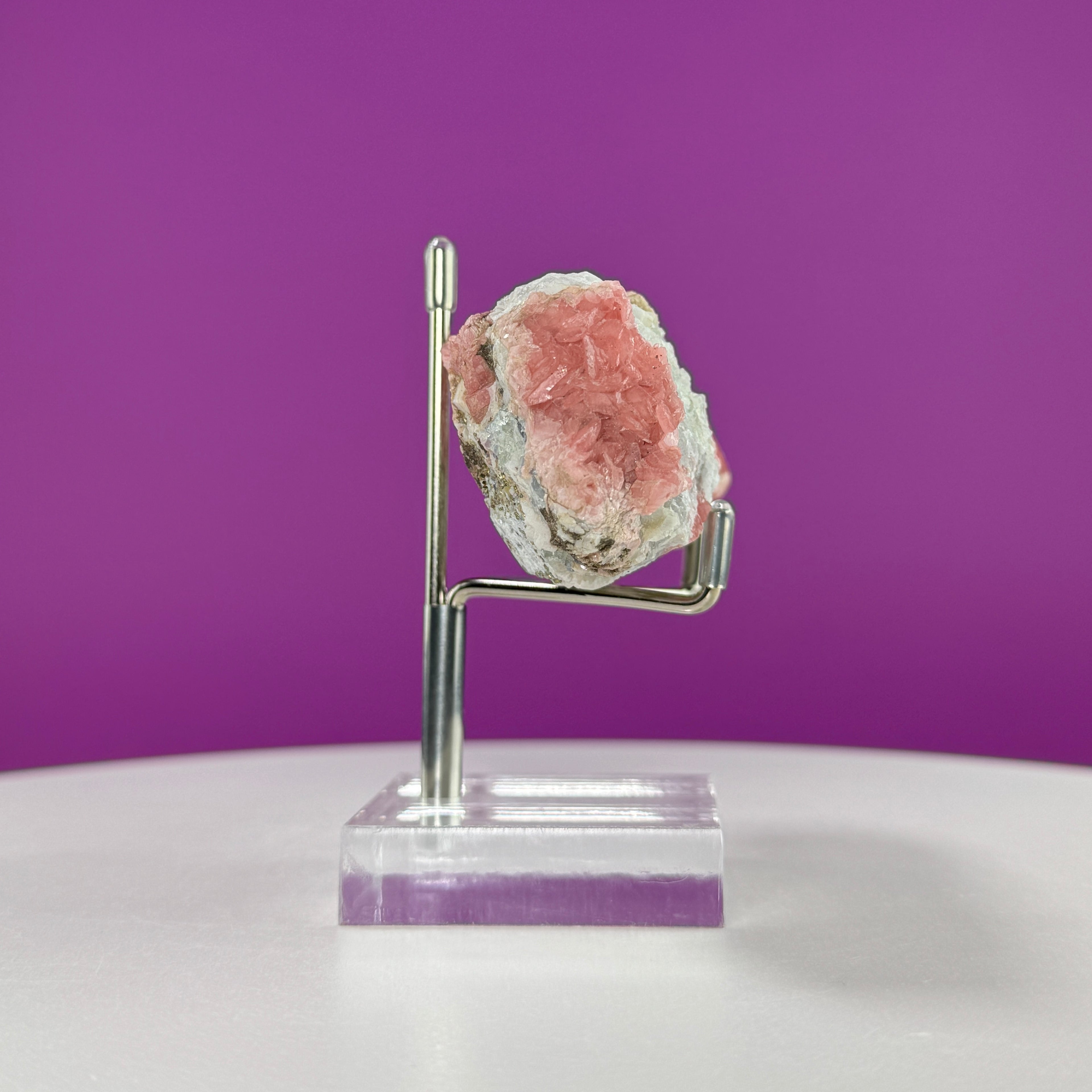 Rhodochrosite Specimen with Pyrite (Wutong Mine, Guangxi, China) (Includes Metal/Acrylic Stand)