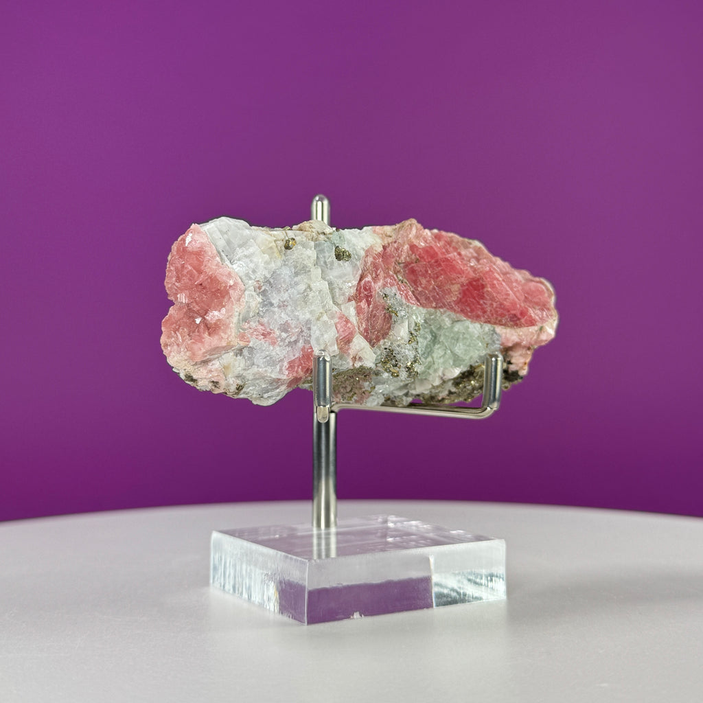 Rhodochrosite Specimen with Pyrite (Wutong Mine, Guangxi, China) (Includes Metal/Acrylic Stand)