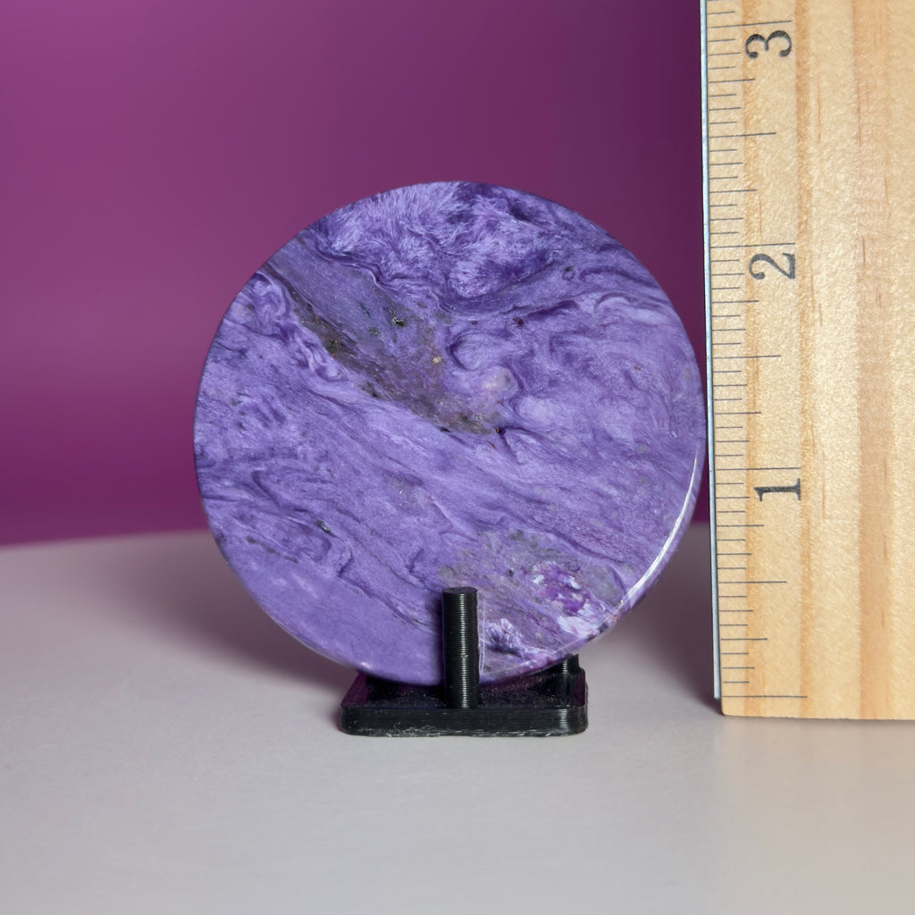41g: Charoite Disc with Stand | Russian Charoite | Purple Crystal – 41g