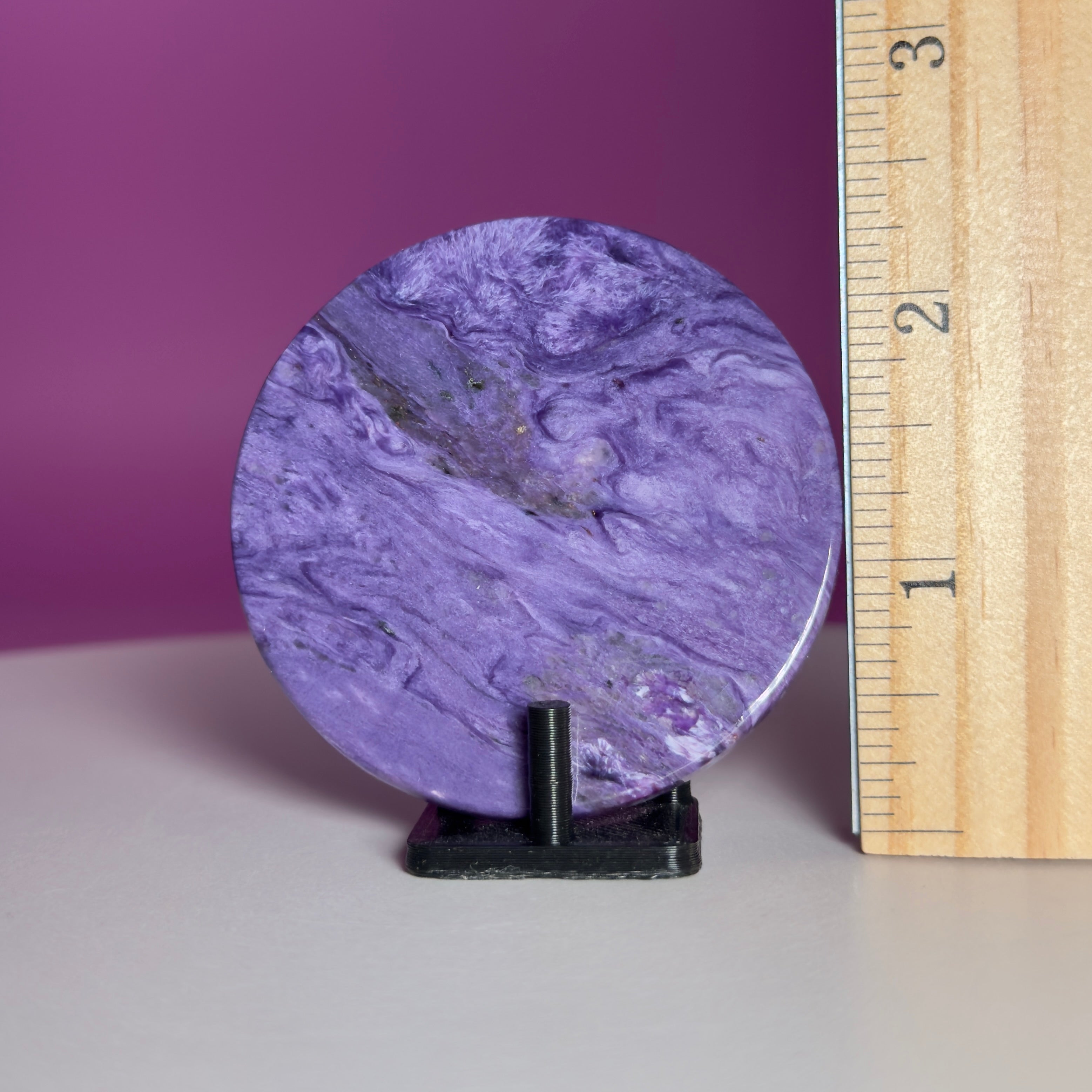 41g: Charoite Disc with Stand | Russian Charoite | Purple Crystal – 41g