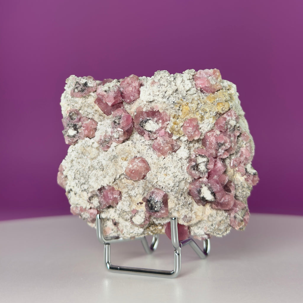 Pink Garnet Specimen from Mexico with Silver Stand