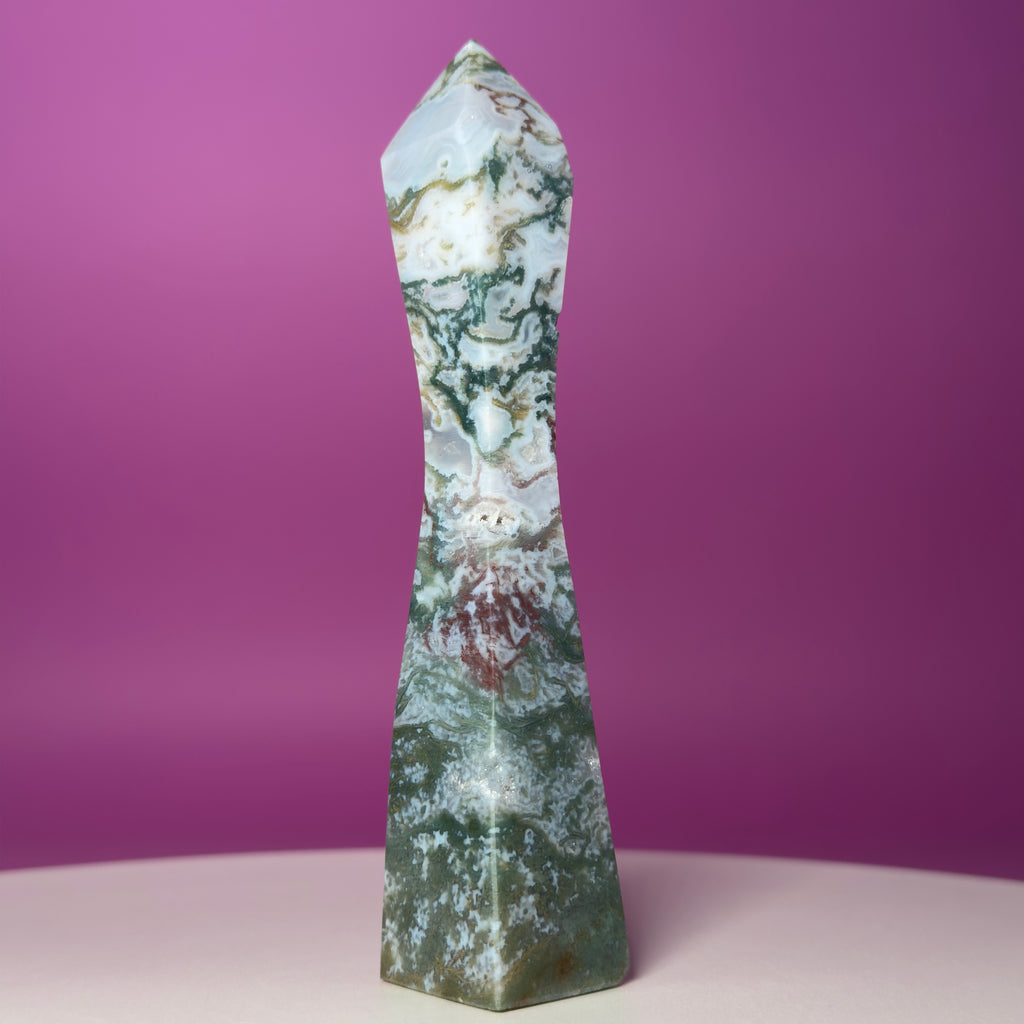 Moss Agate Tower – Tall 5.8 Inch Crystal Point
