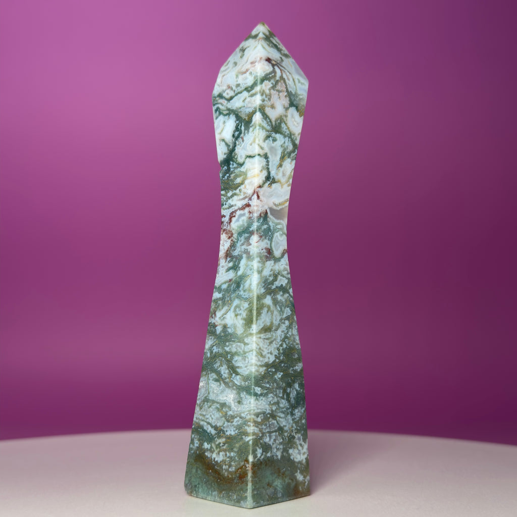 Moss Agate Tower – Tall 5.8 Inch Crystal Point