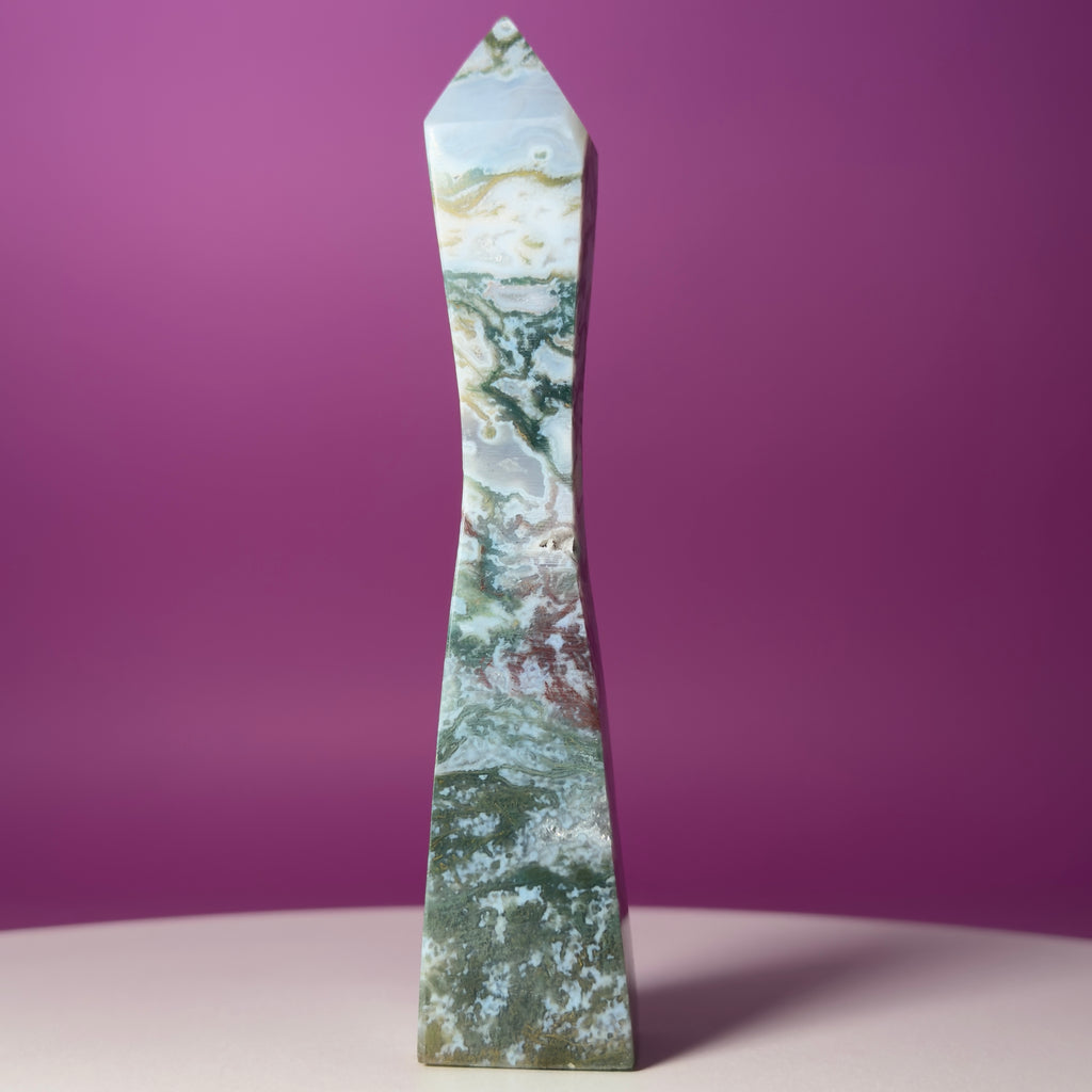 Moss Agate Tower – Tall 5.8 Inch Crystal Point