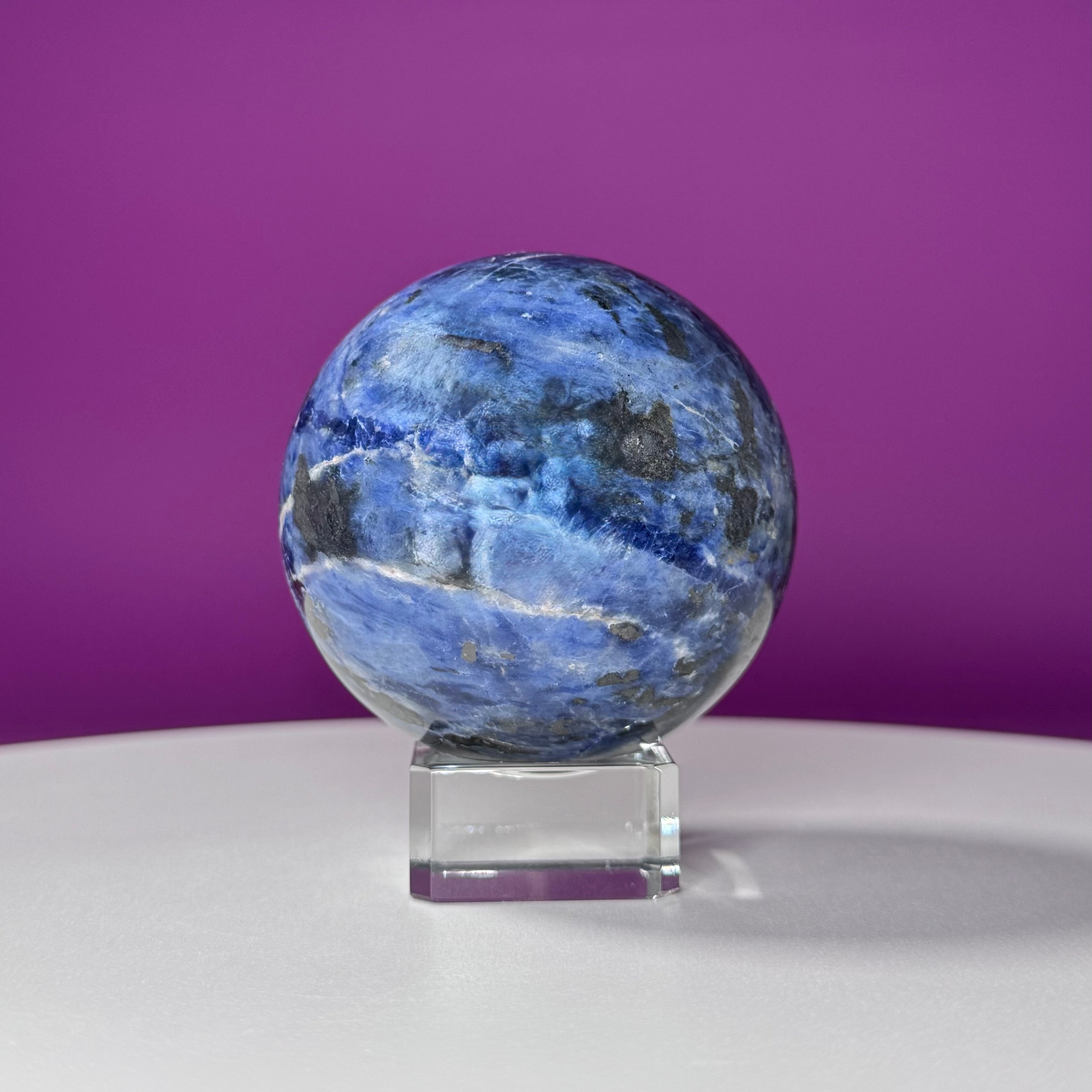 Sodalite Sphere with Glass Stand – Clarity & Intuition Crystal
