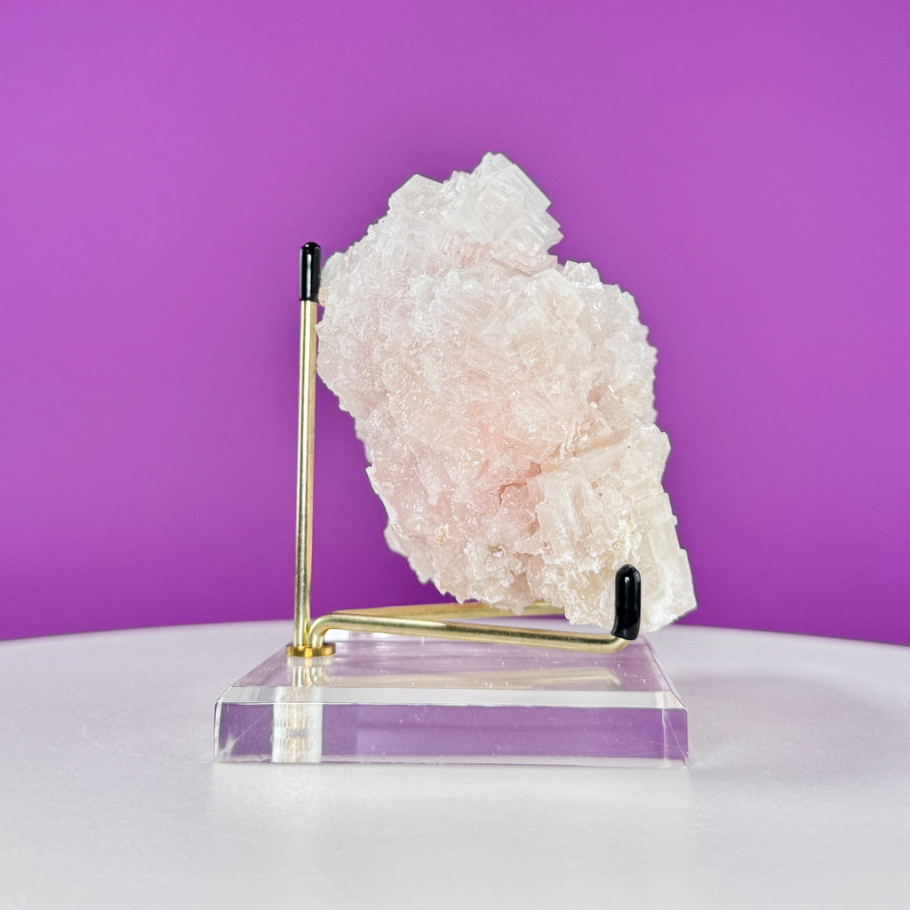 Light Pink Halite Crystal – Searles Lake California Specimen with Stand