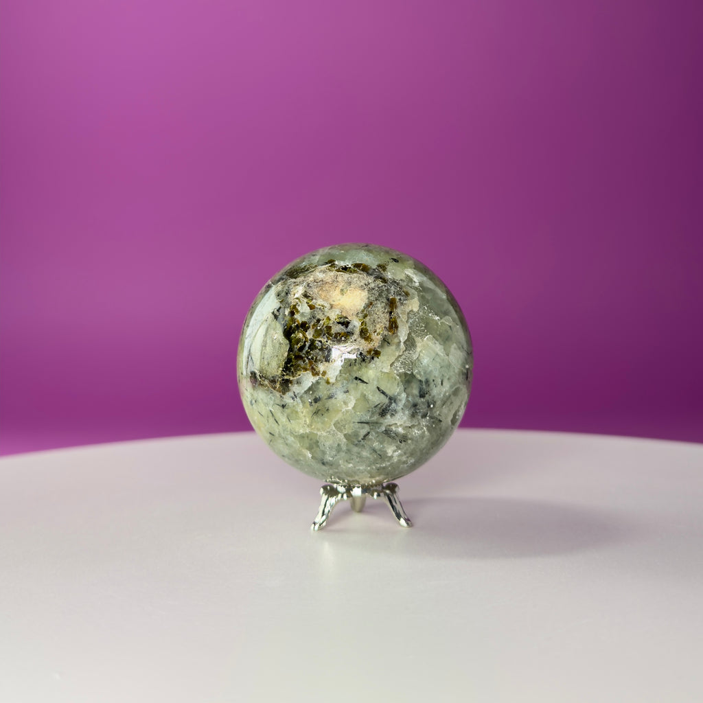 Prehnite Sphere with Stand 240g | Healing Crystal Ball | Heart Chakra Stone | Home Decor Gift
