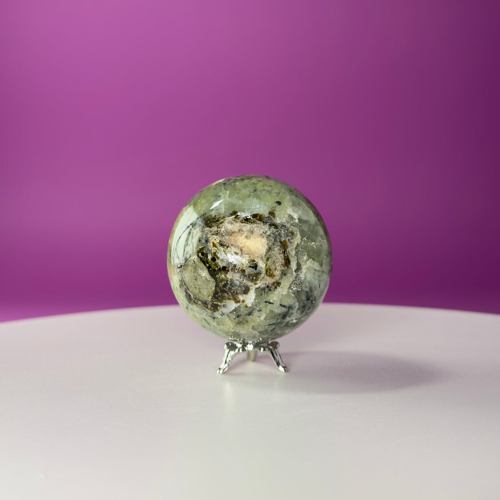 Prehnite Sphere with Stand 240g | Healing Crystal Ball | Heart Chakra Stone | Home Decor Gift