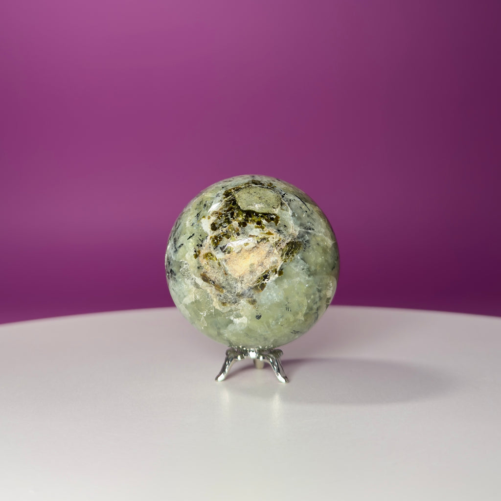 Prehnite Sphere with Stand 240g | Healing Crystal Ball | Heart Chakra Stone | Home Decor Gift