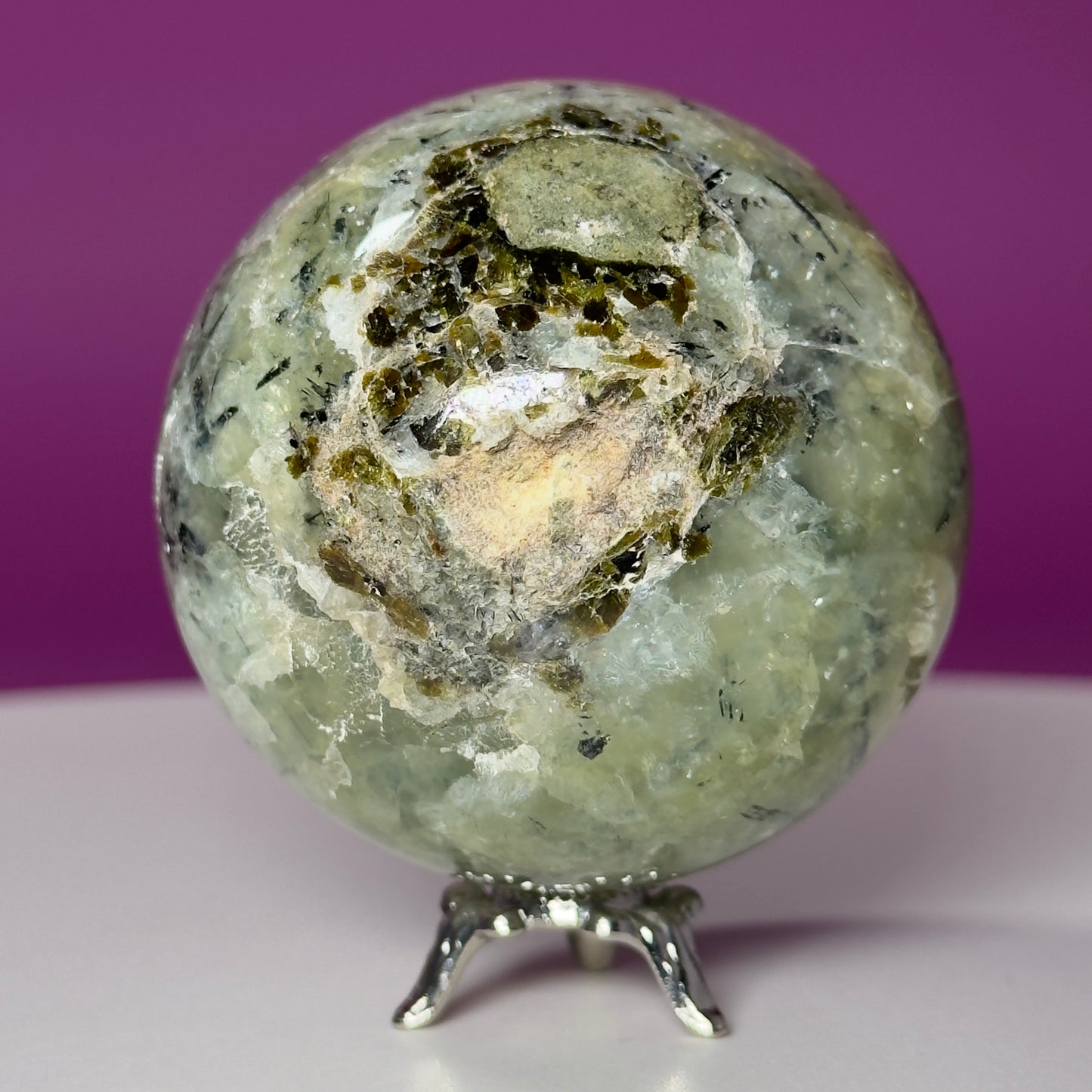 Prehnite Sphere with Stand 240g | Healing Crystal Ball | Heart Chakra Stone | Home Decor Gift