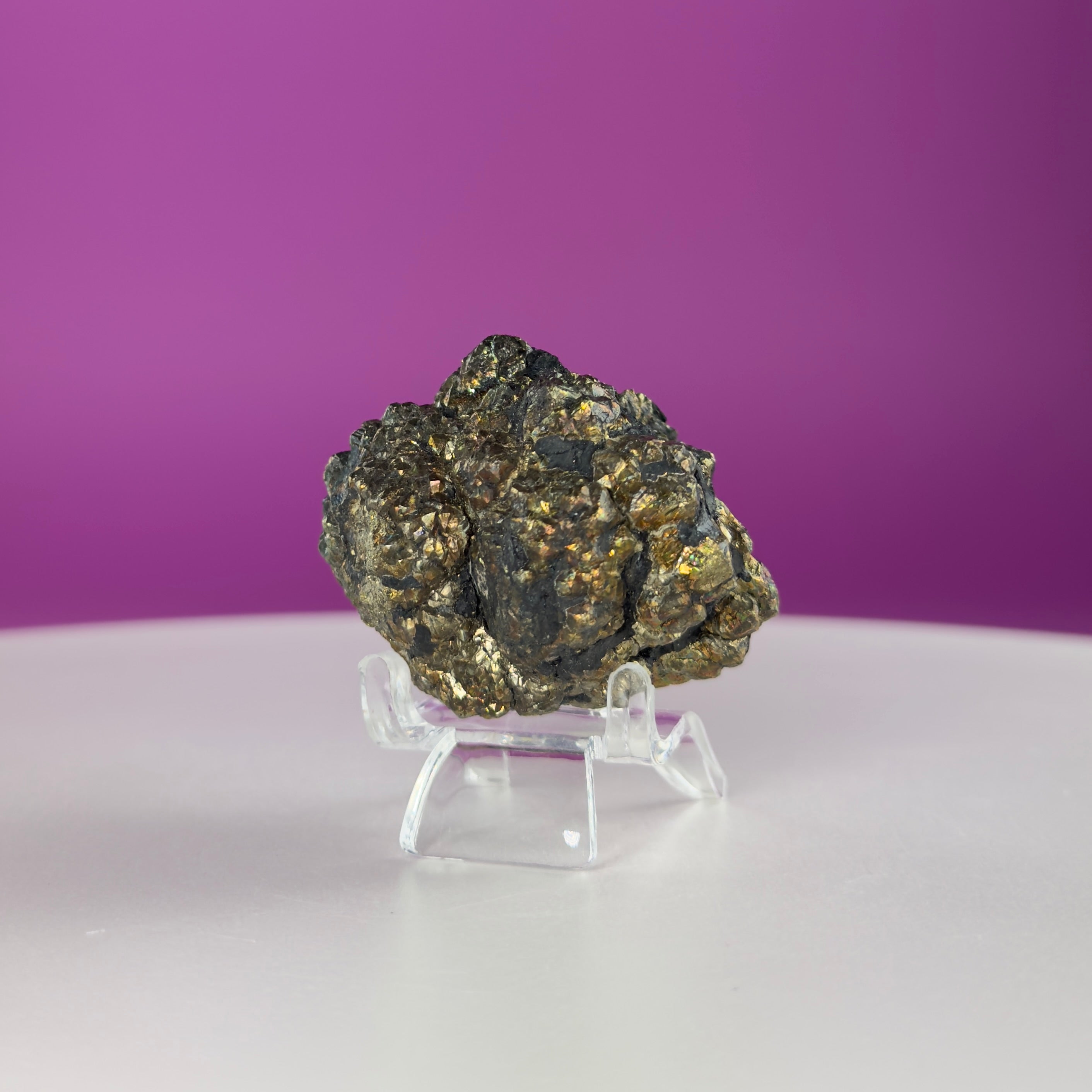 Iridescent Pyrite Specimen – 117g Abundance & Prosperity Crystal from Pakistan (With Stand)