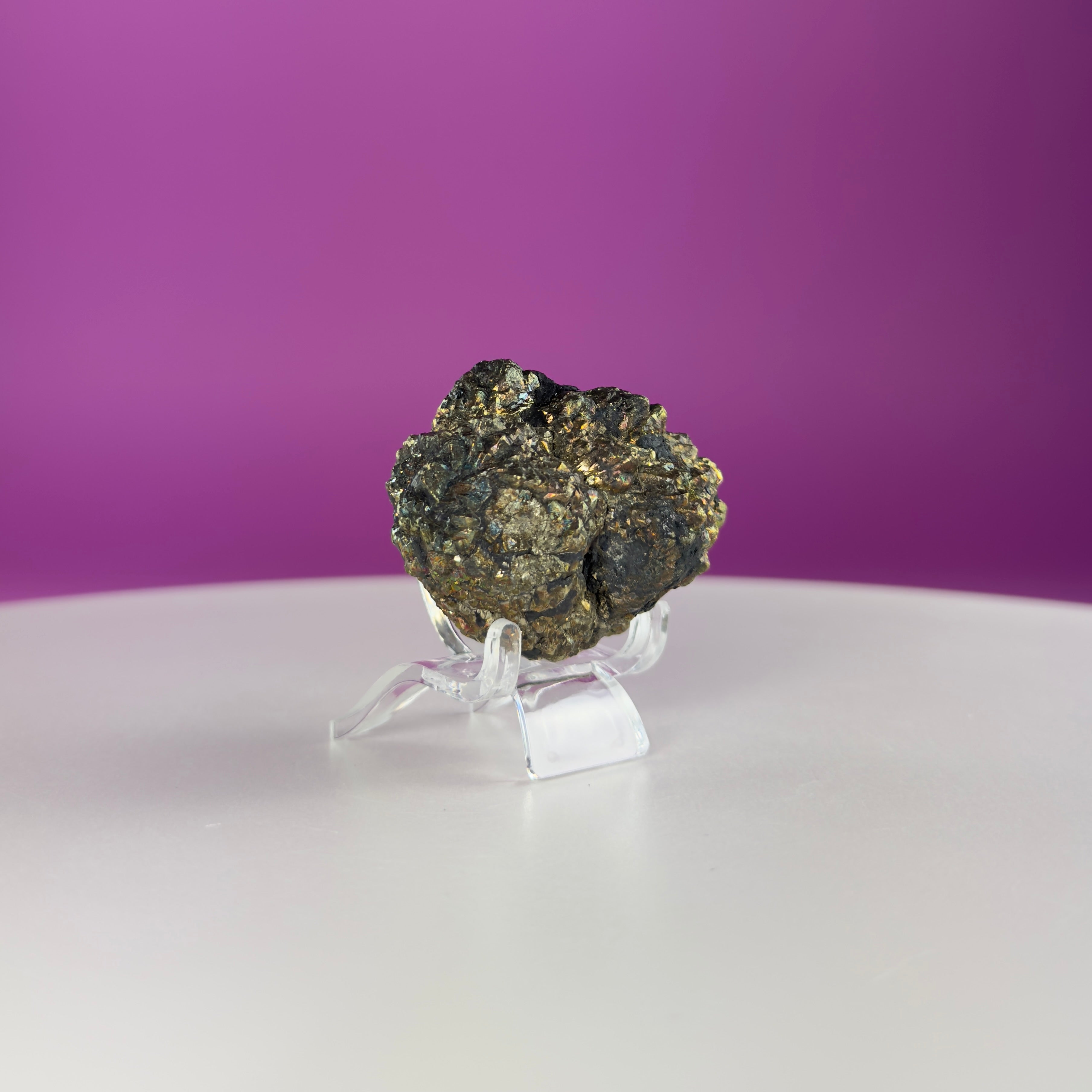 Iridescent Pyrite Specimen – 117g Abundance & Prosperity Crystal from Pakistan (With Stand)