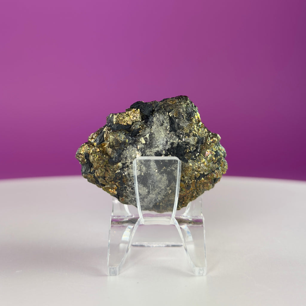 Iridescent Pyrite Specimen – 117g Abundance & Prosperity Crystal from Pakistan (With Stand)