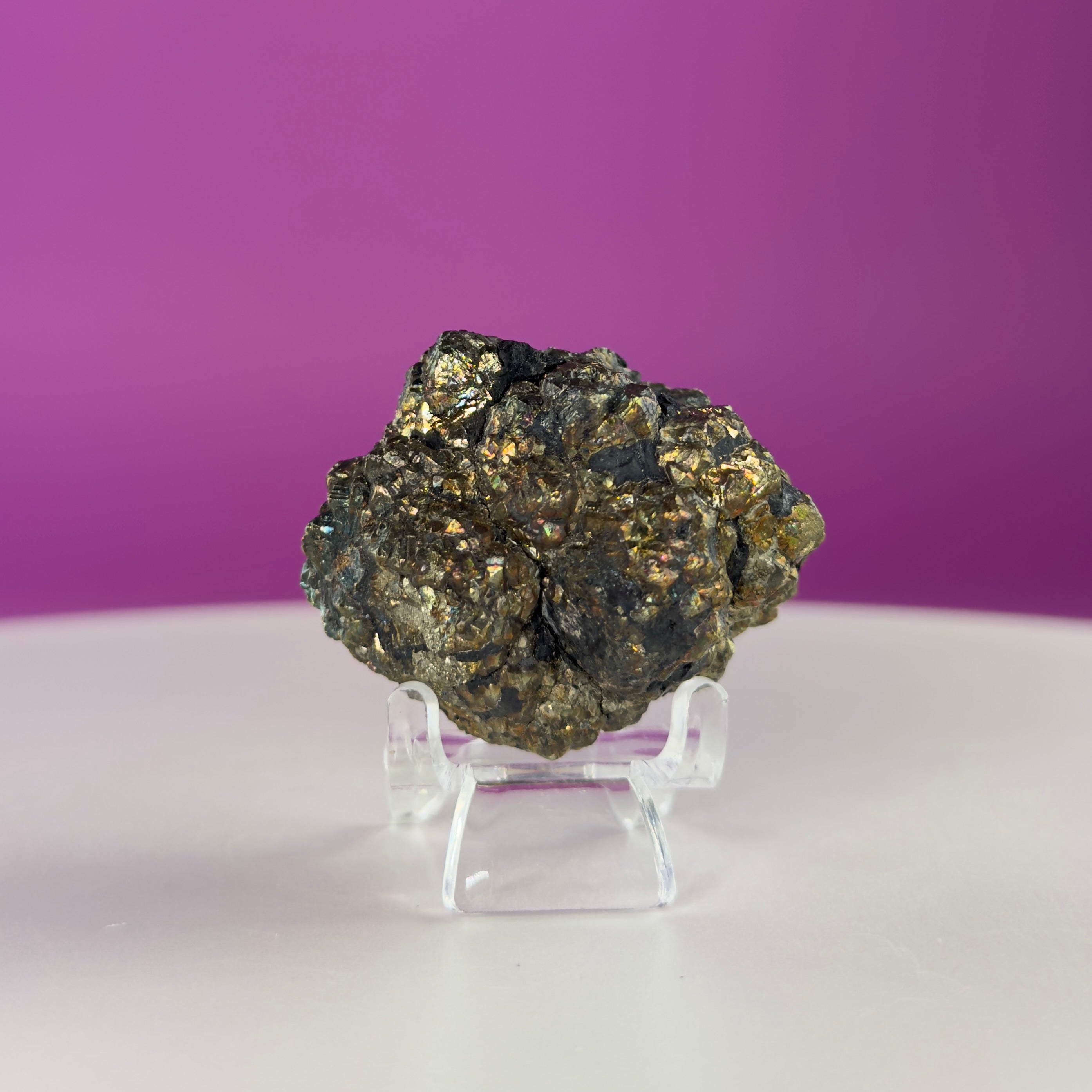 Iridescent Pyrite Specimen – 117g Abundance & Prosperity Crystal from Pakistan (With Stand)