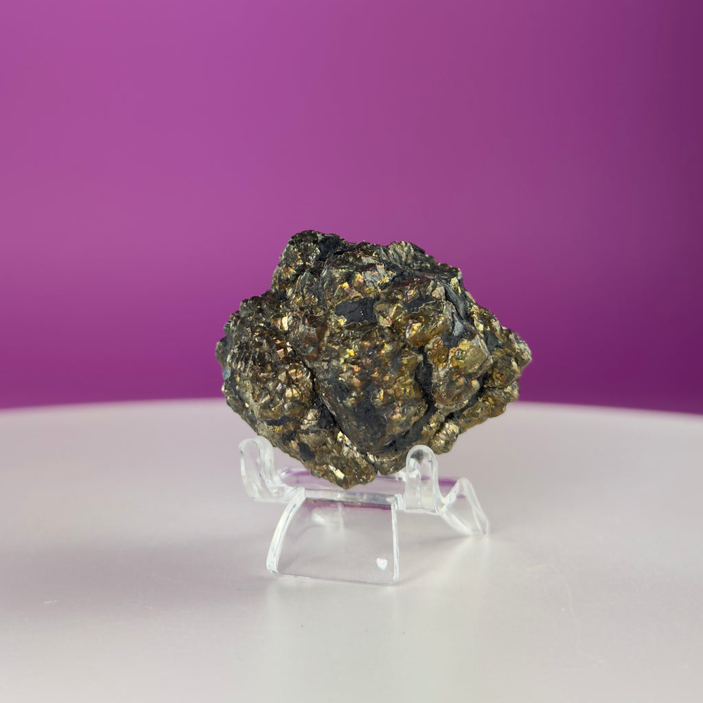 Iridescent Pyrite Specimen – 117g Abundance & Prosperity Crystal from Pakistan (With Stand)