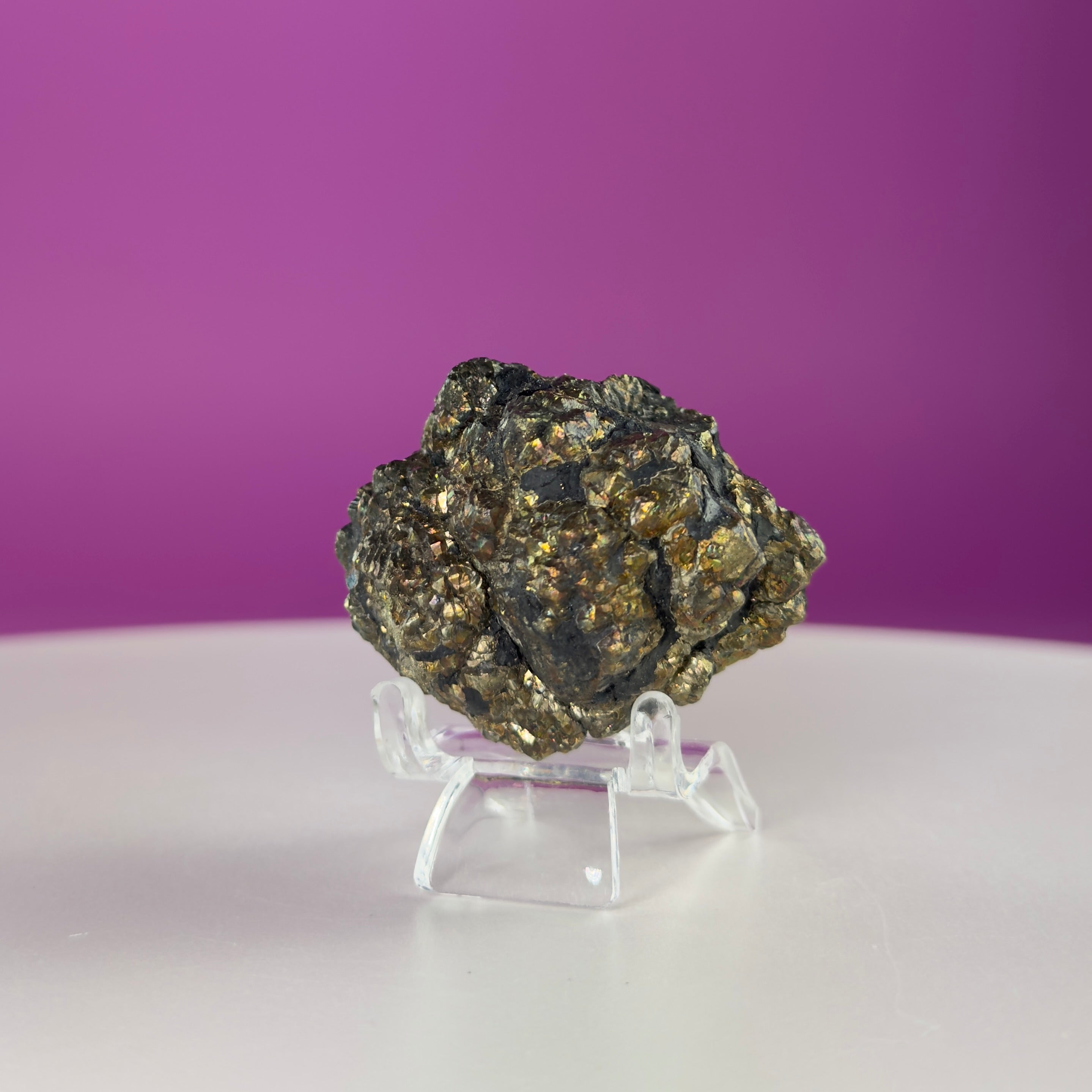 Iridescent Pyrite Specimen – 117g Abundance & Prosperity Crystal from Pakistan (With Stand)