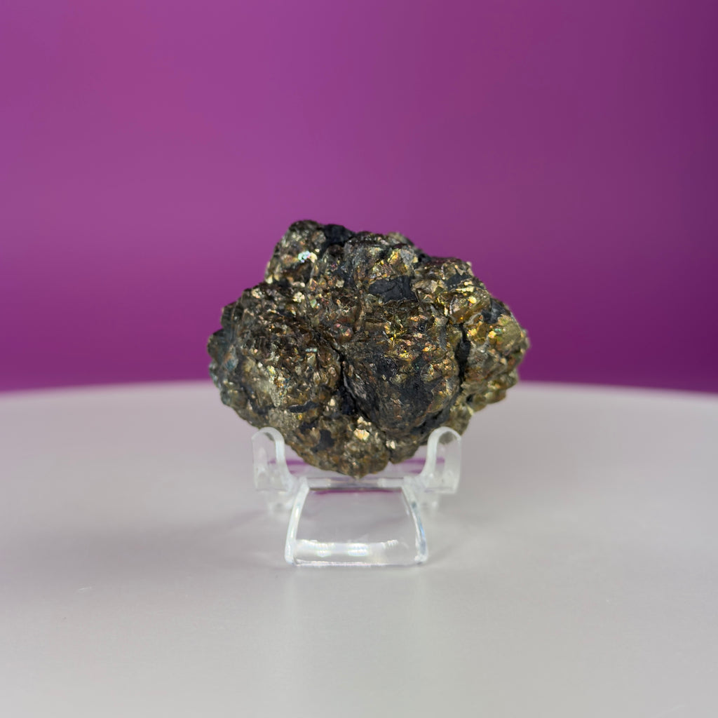 Iridescent Pyrite Specimen – 117g Abundance & Prosperity Crystal from Pakistan (With Stand)