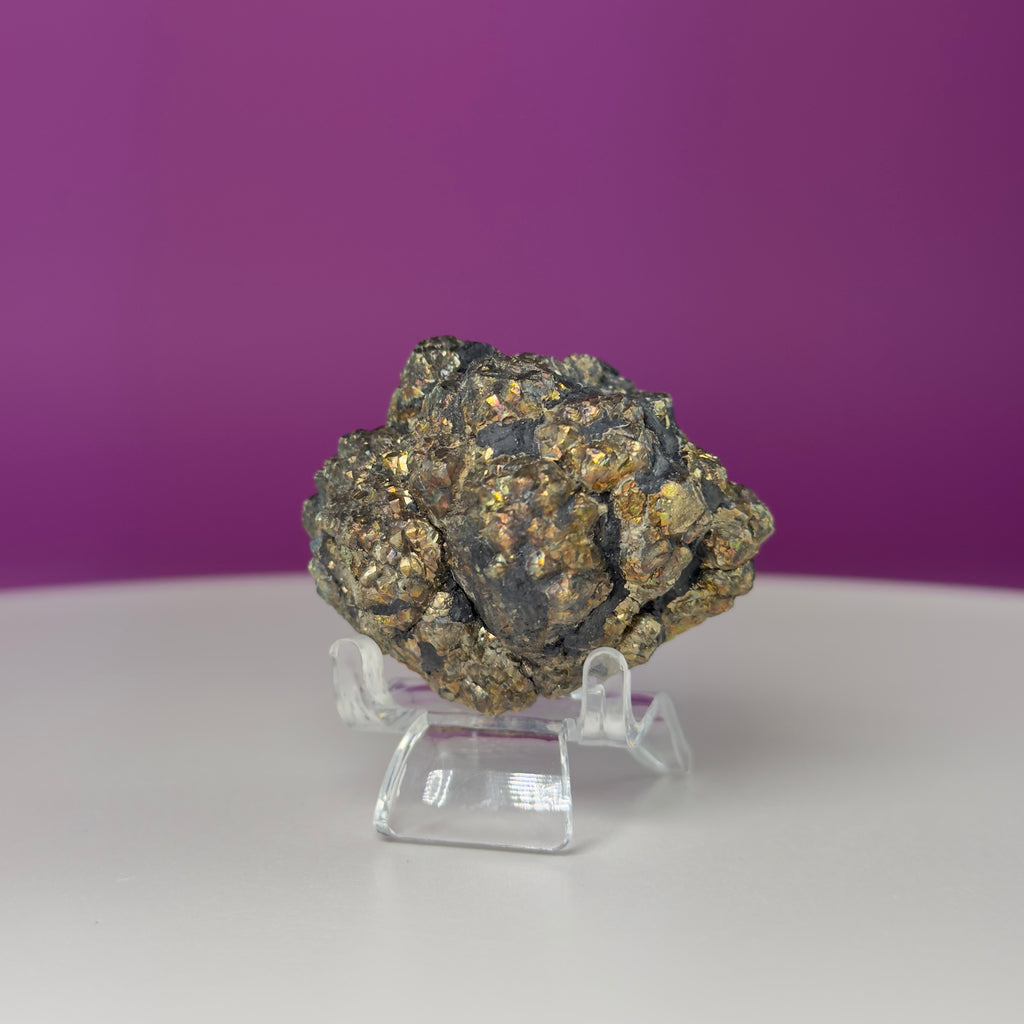 Iridescent Pyrite Specimen – 117g Abundance & Prosperity Crystal from Pakistan (With Stand)