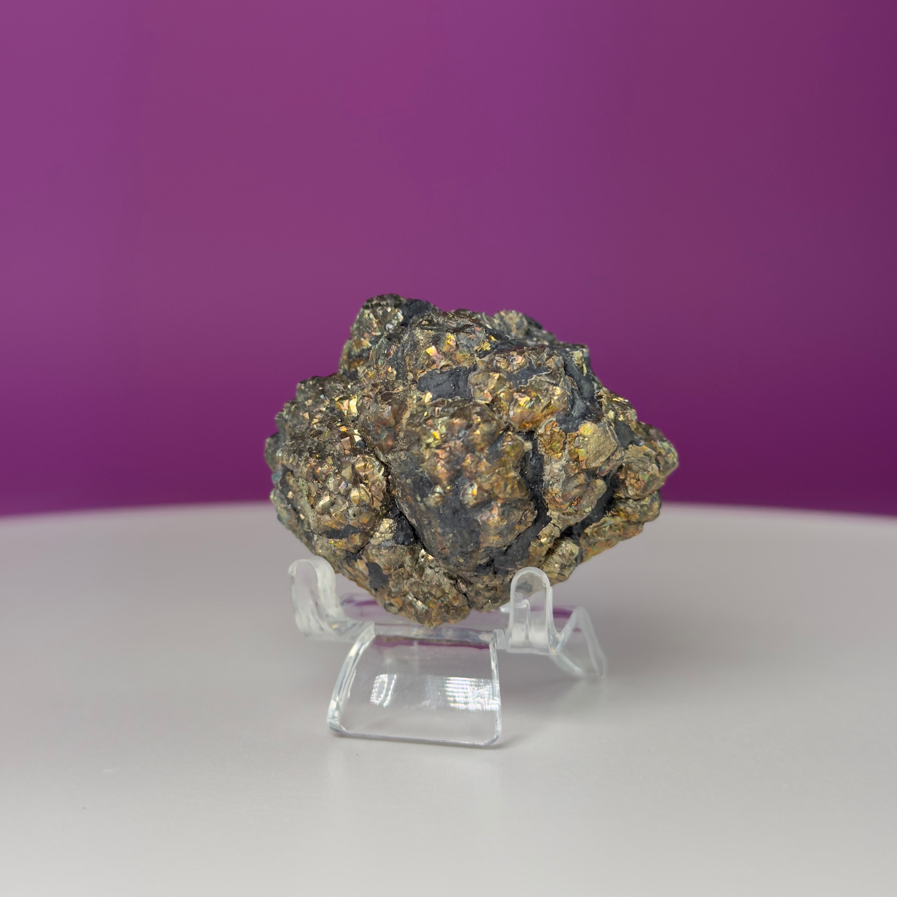 Iridescent Pyrite Specimen – 117g Abundance & Prosperity Crystal from Pakistan (With Stand)