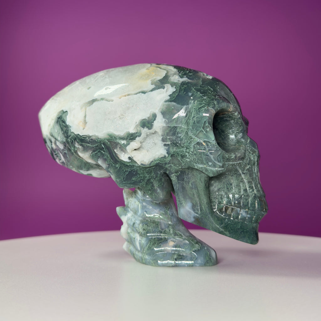 Moss Agate Alien Skull – 1313g Limited Edition Collector Statement Piece