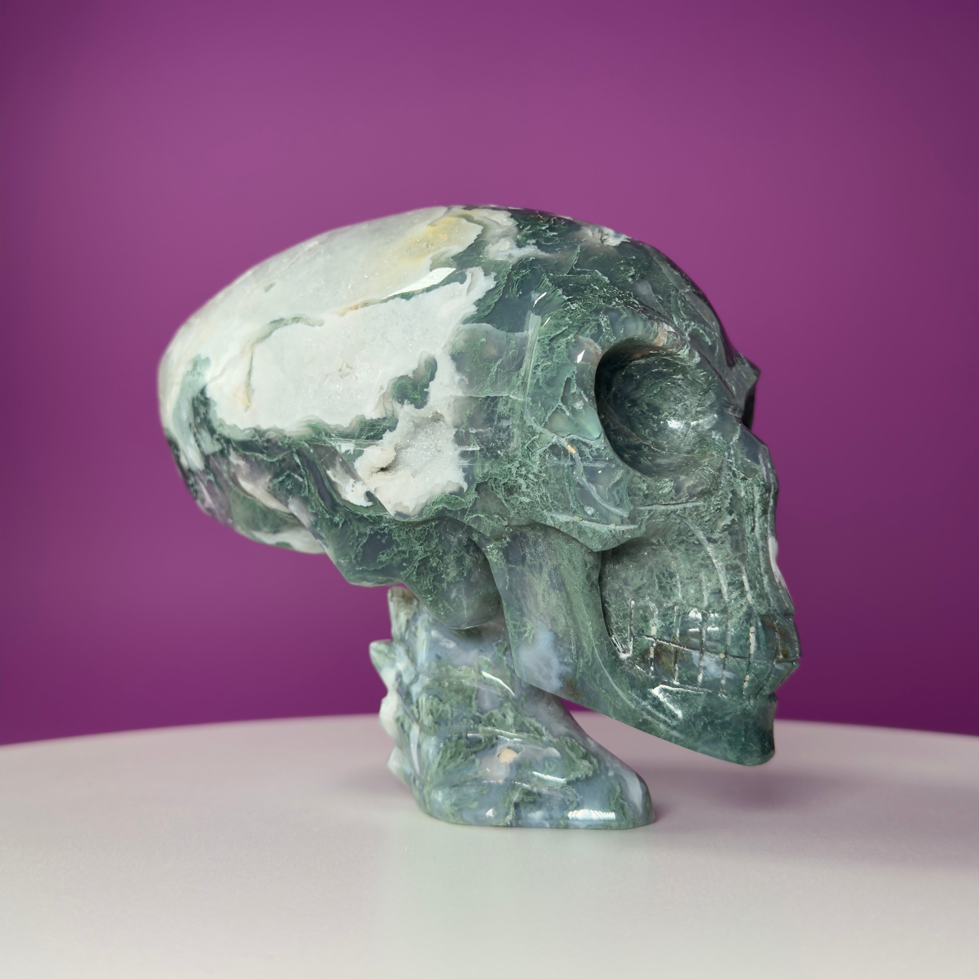 Moss Agate Alien Skull – 1313g Limited Edition Collector Statement Piece