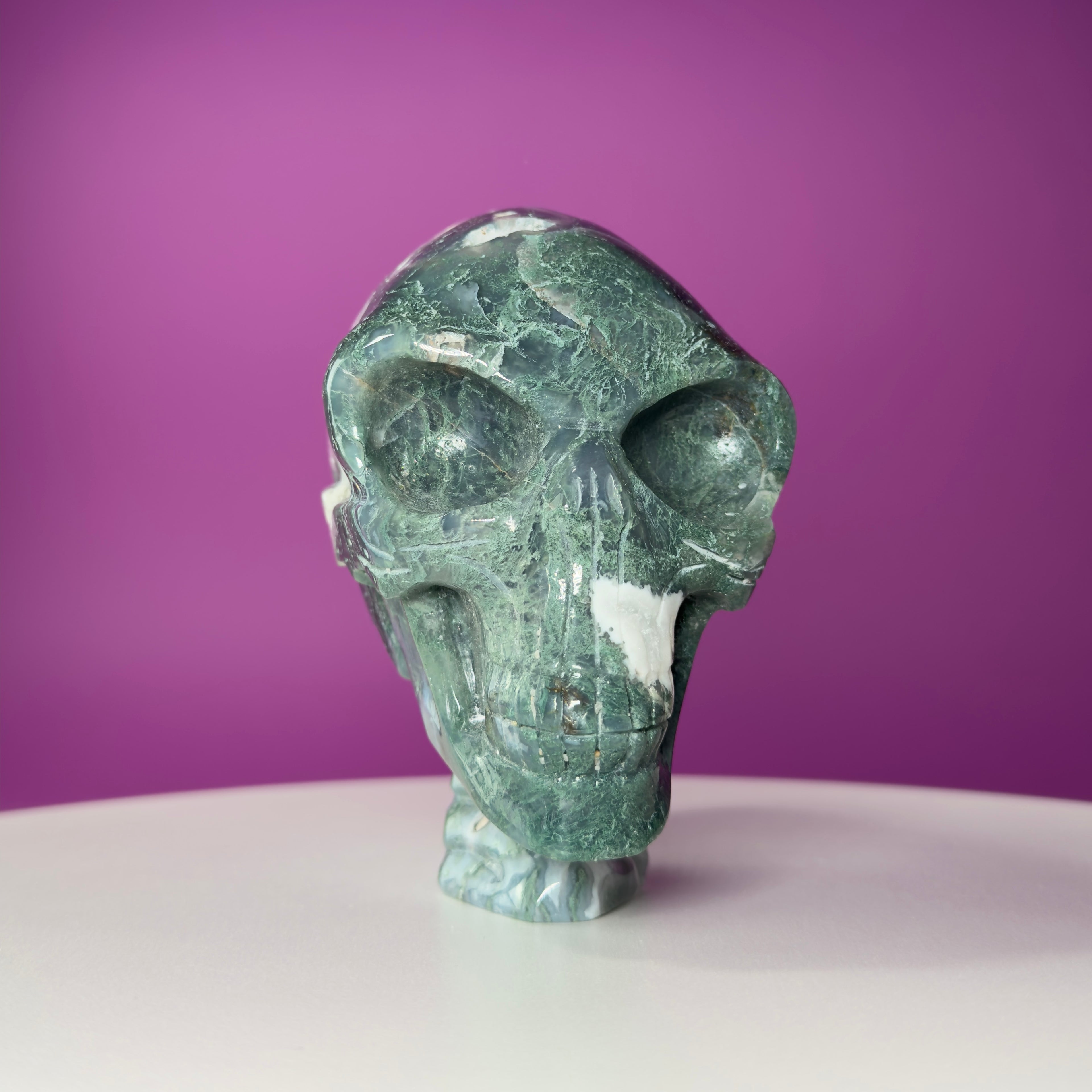 Moss Agate Alien Skull – 1313g Limited Edition Collector Statement Piece
