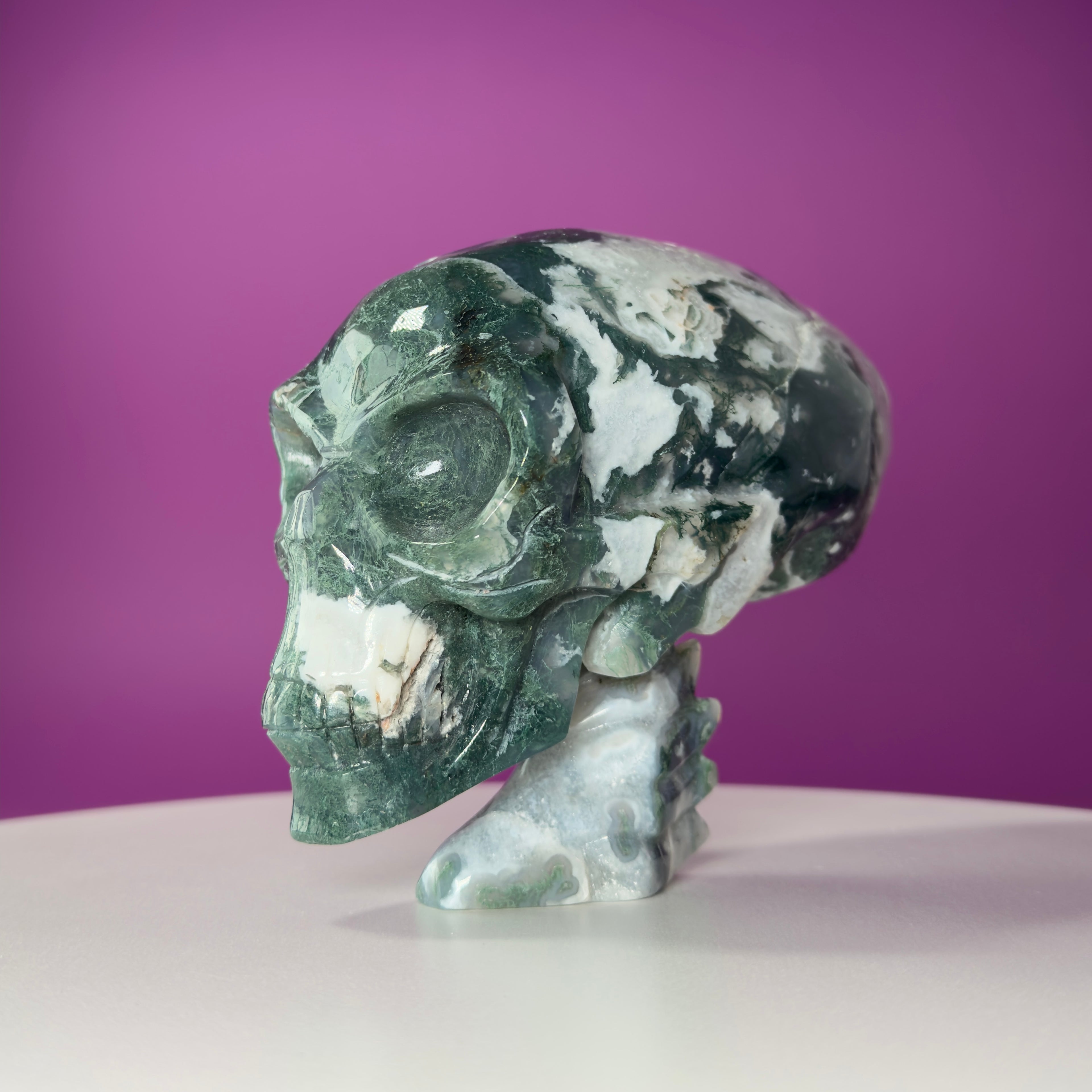 Moss Agate Alien Skull – 1313g Limited Edition Collector Statement Piece