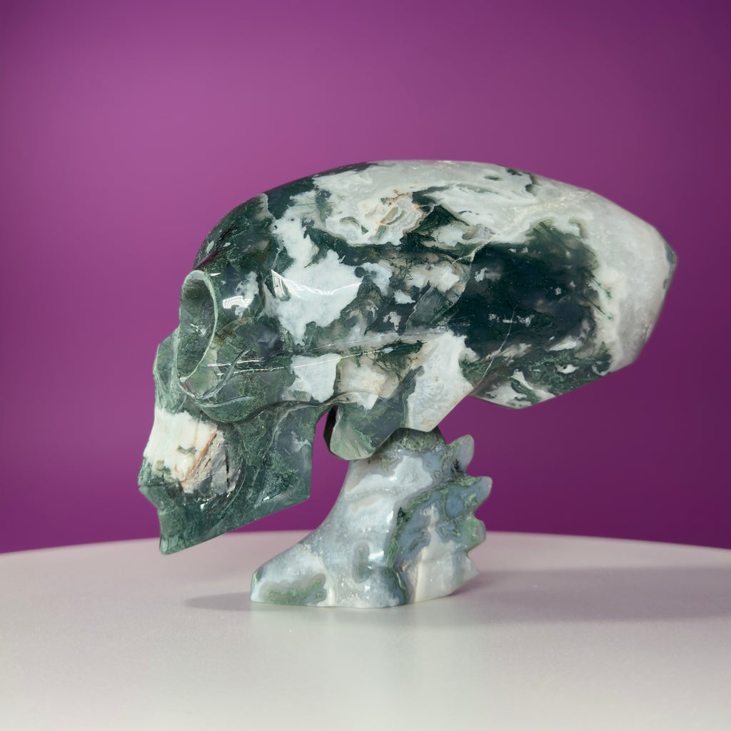 Moss Agate Alien Skull – 1313g Limited Edition Collector Statement Piece