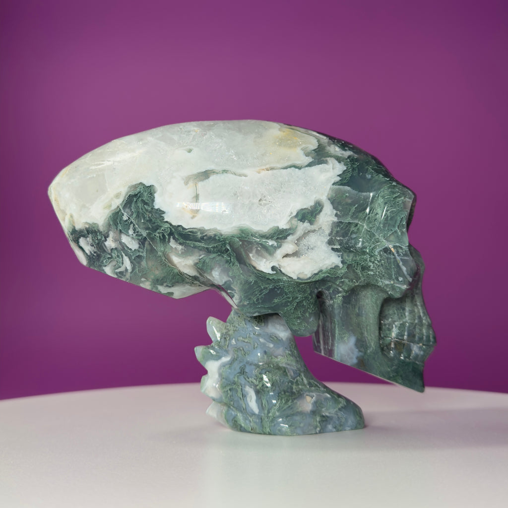 Moss Agate Alien Skull – 1313g Limited Edition Collector Statement Piece