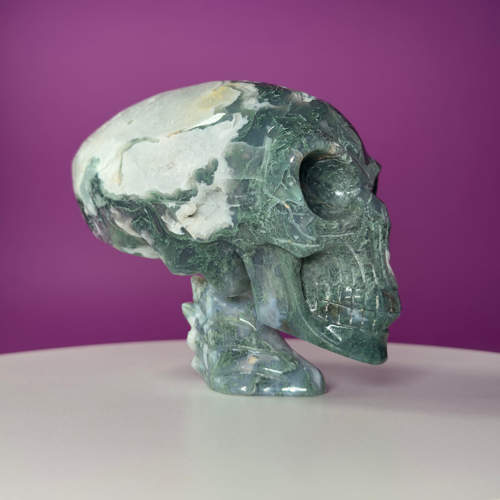 Moss Agate Alien Skull – 1313g Limited Edition Collector Statement Piece