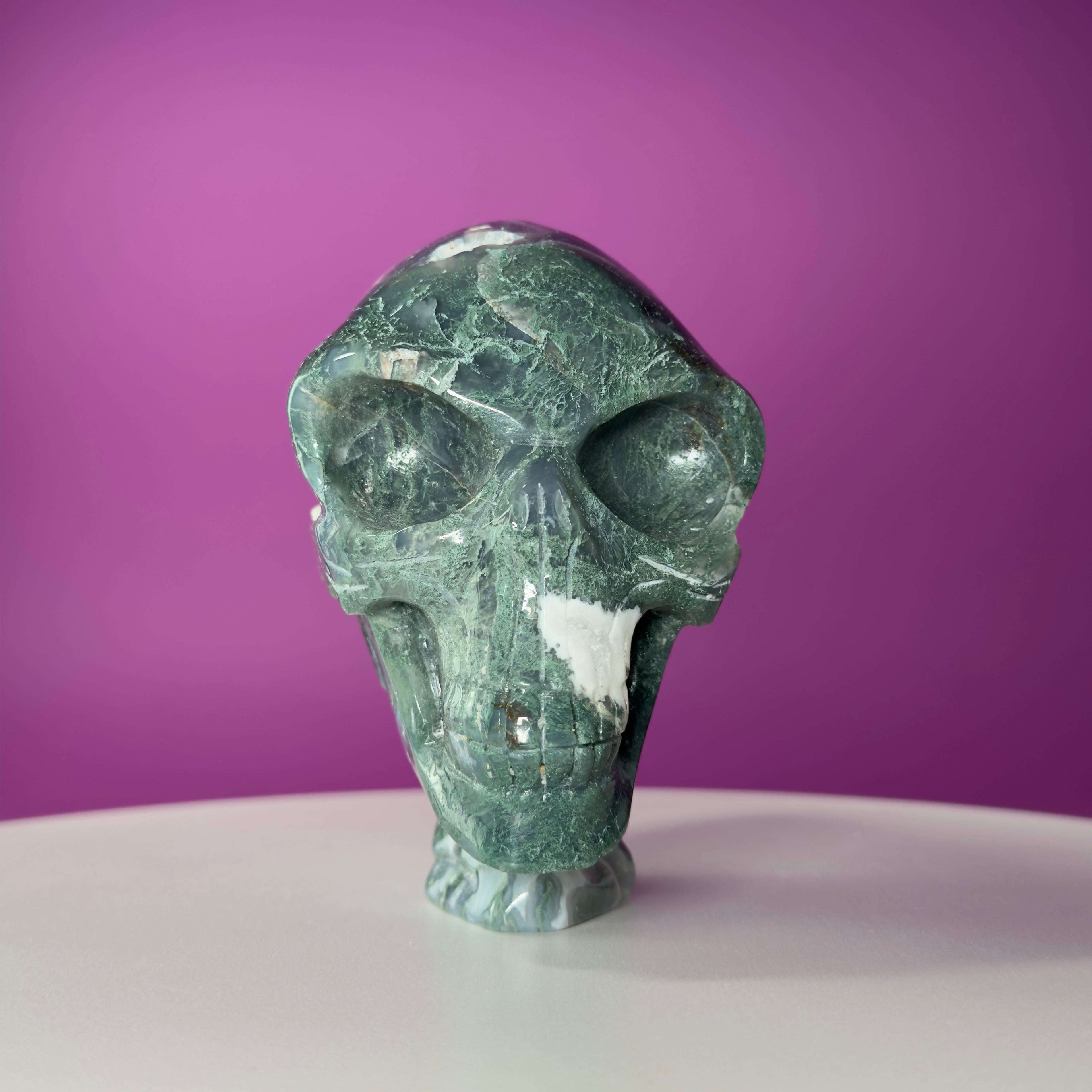Moss Agate Alien Skull – 1313g Limited Edition Collector Statement Piece
