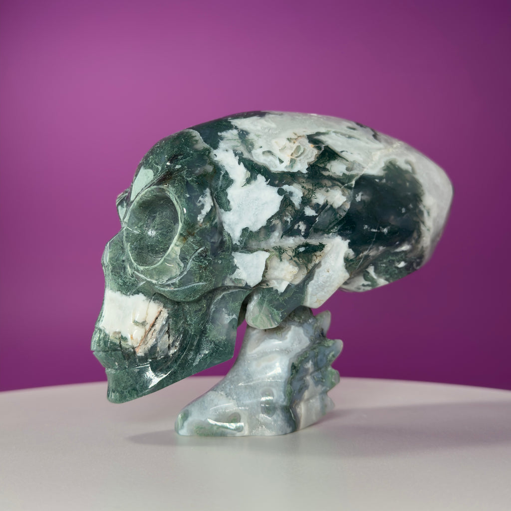 Moss Agate Alien Skull – 1313g Limited Edition Collector Statement Piece