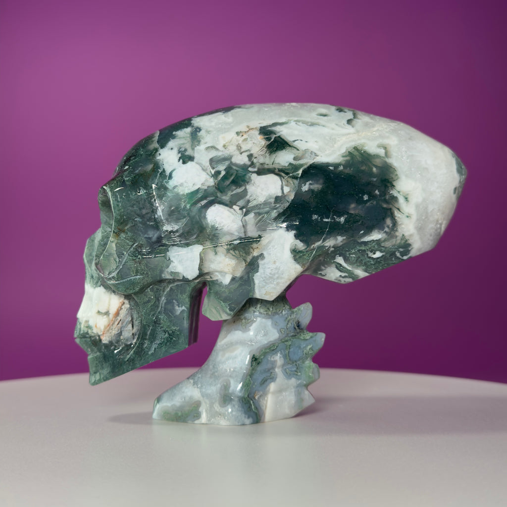 Moss Agate Alien Skull – 1313g Limited Edition Collector Statement Piece