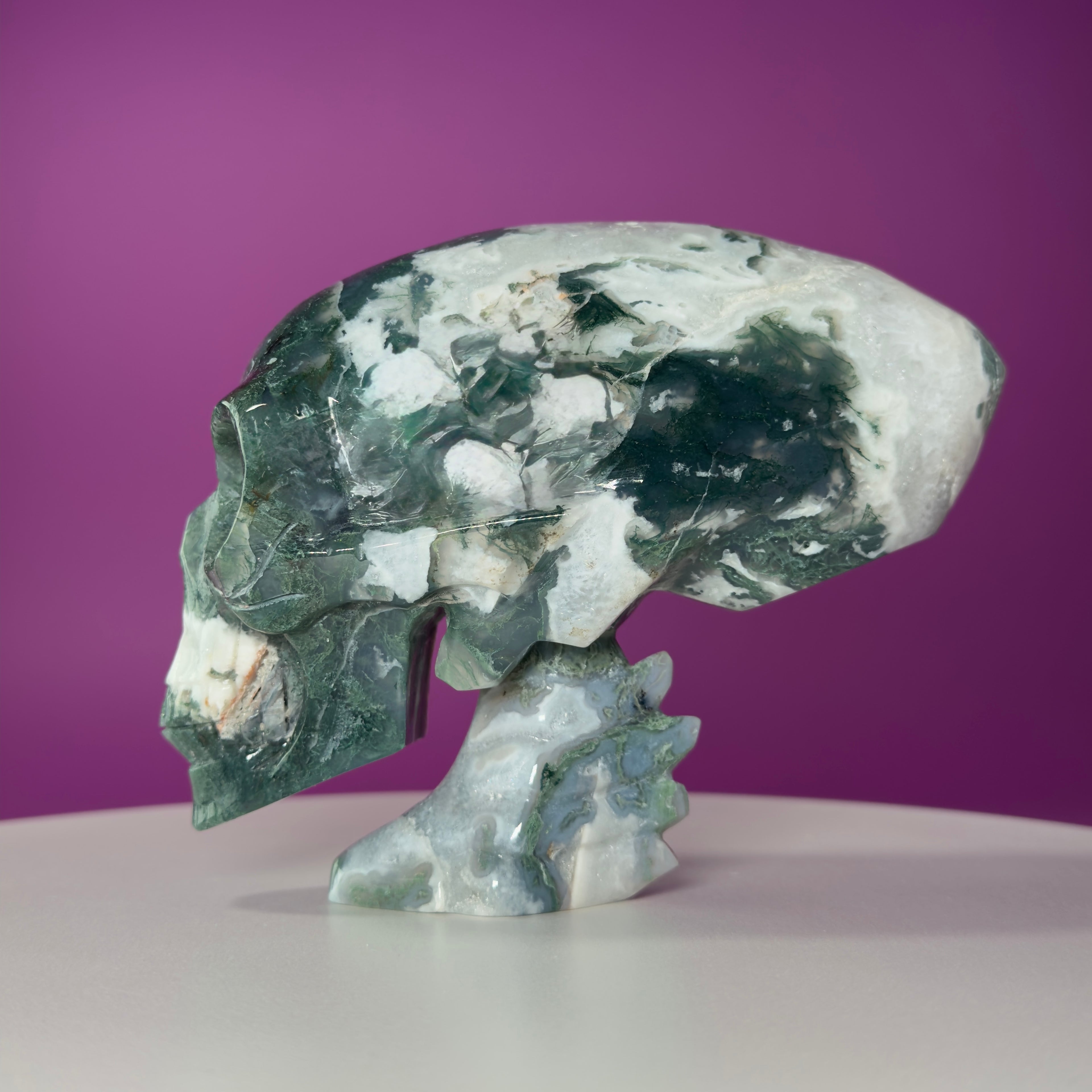 Moss Agate Alien Skull – 1313g Limited Edition Collector Statement Piece