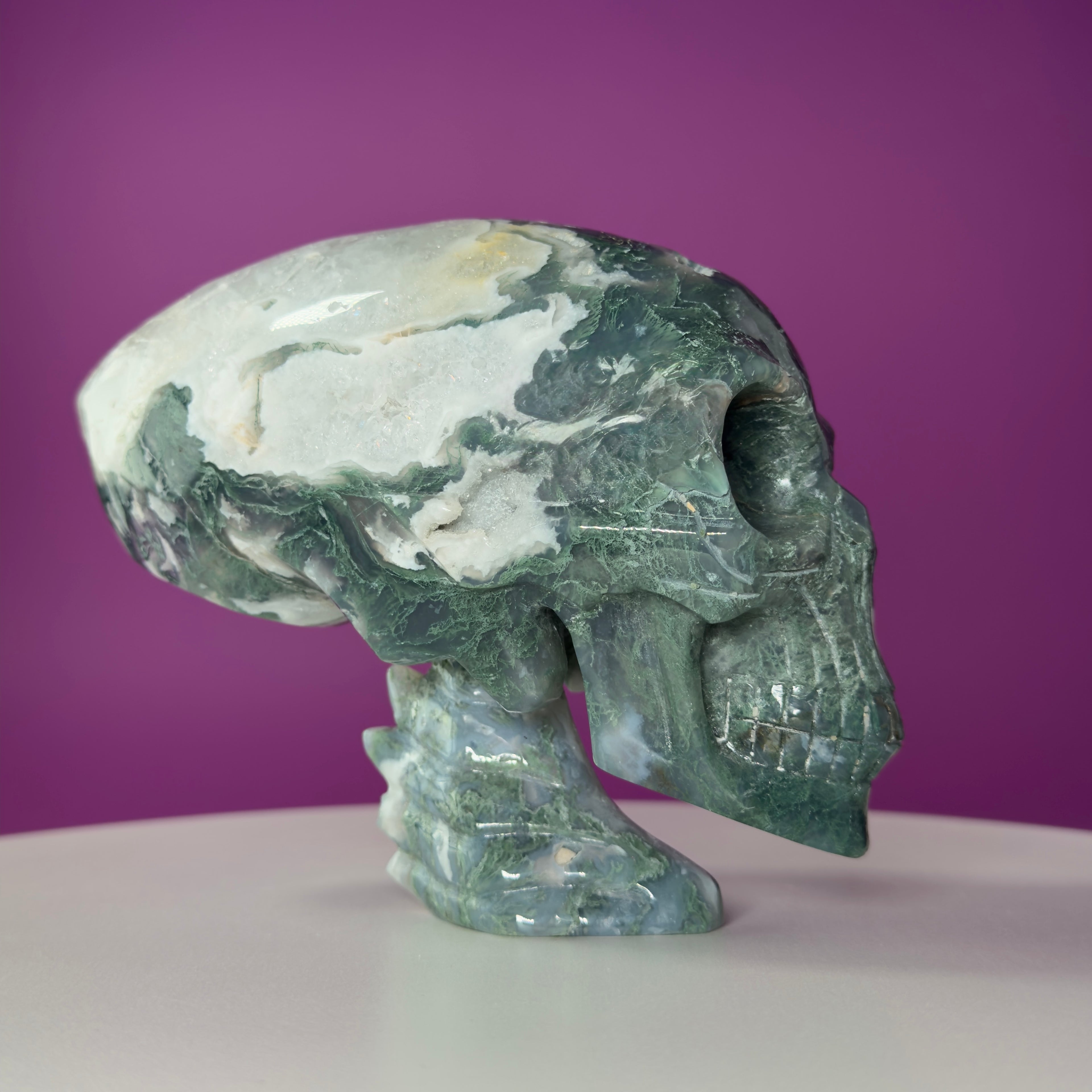 Moss Agate Alien Skull – 1313g Limited Edition Collector Statement Piece