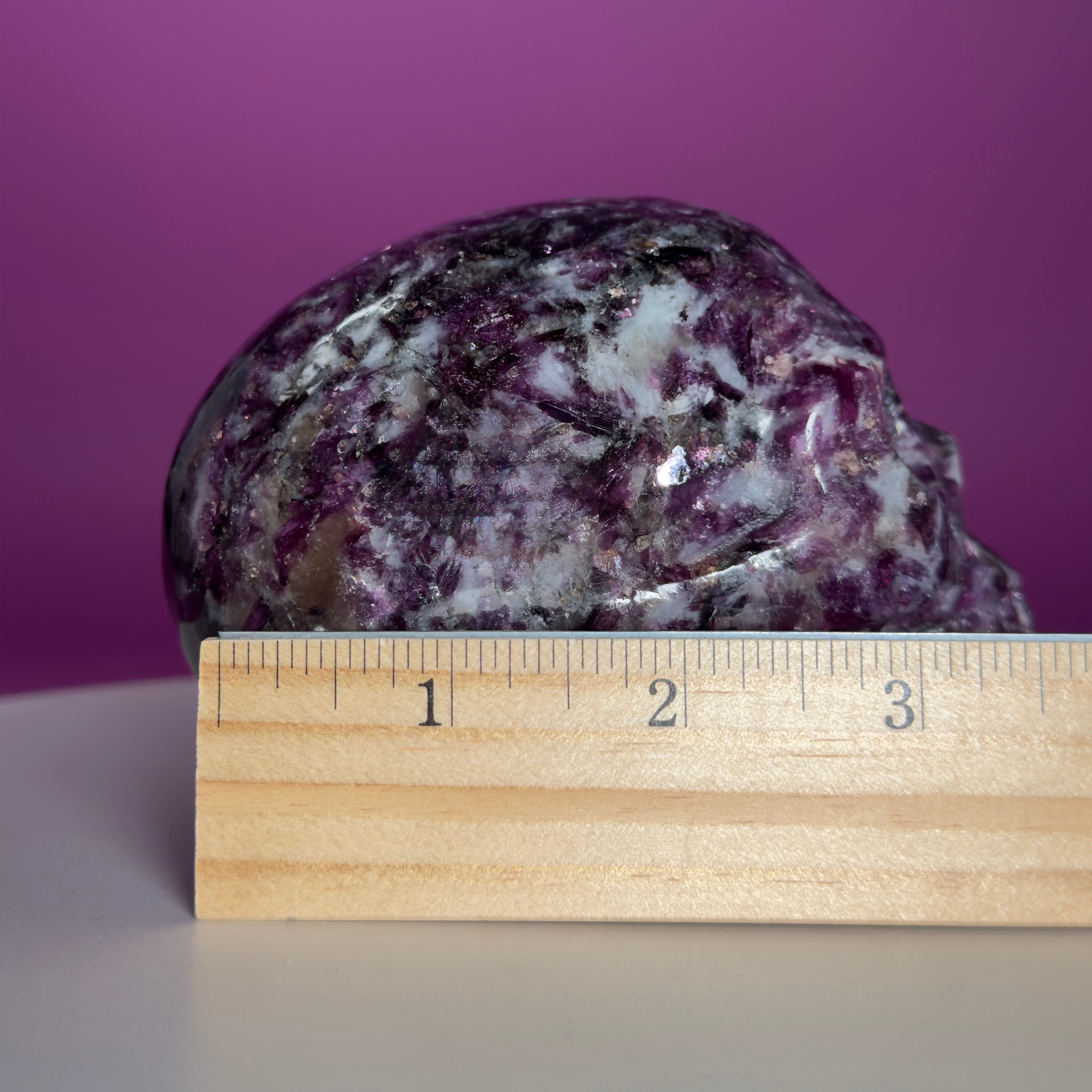 Gem Lepidolite & Smoky Quartz Collector Skull – 1,061g High Gloss