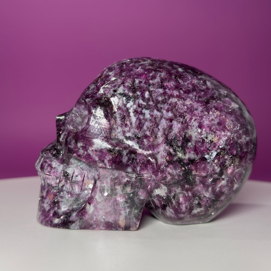Gem Lepidolite & Smoky Quartz Collector Skull – 1,061g High Gloss