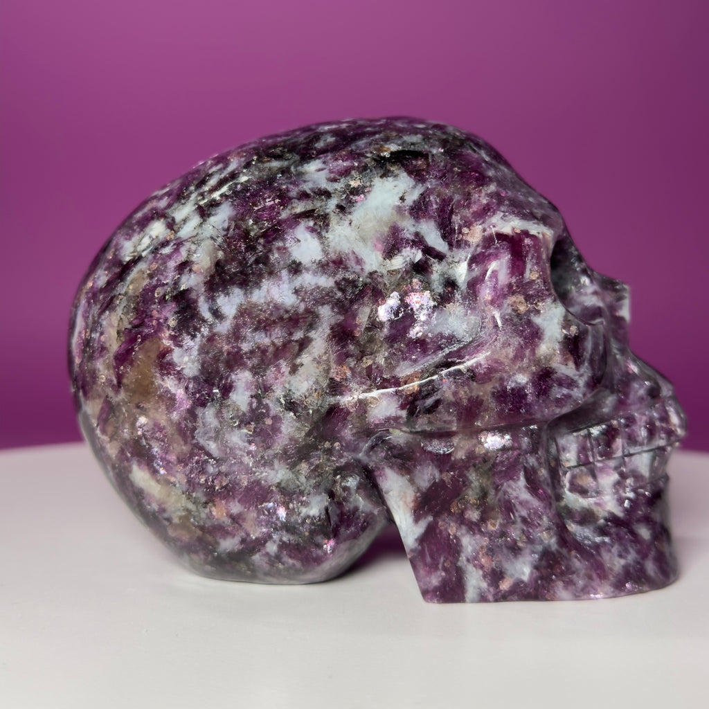 Gem Lepidolite & Smoky Quartz Collector Skull – 1,061g High Gloss