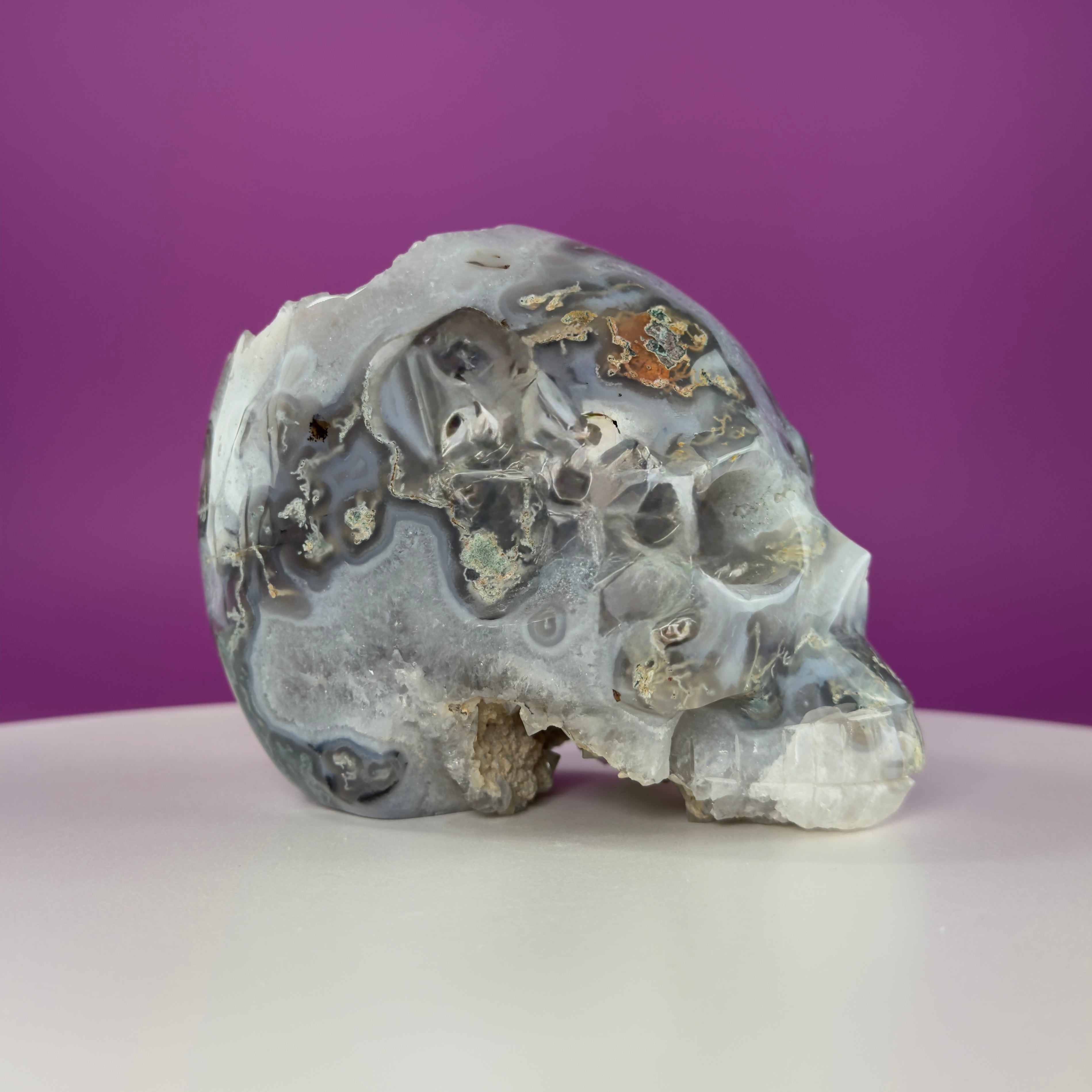 Moss Agate Skull with Druzy – 1,446g Collector Statement Piece